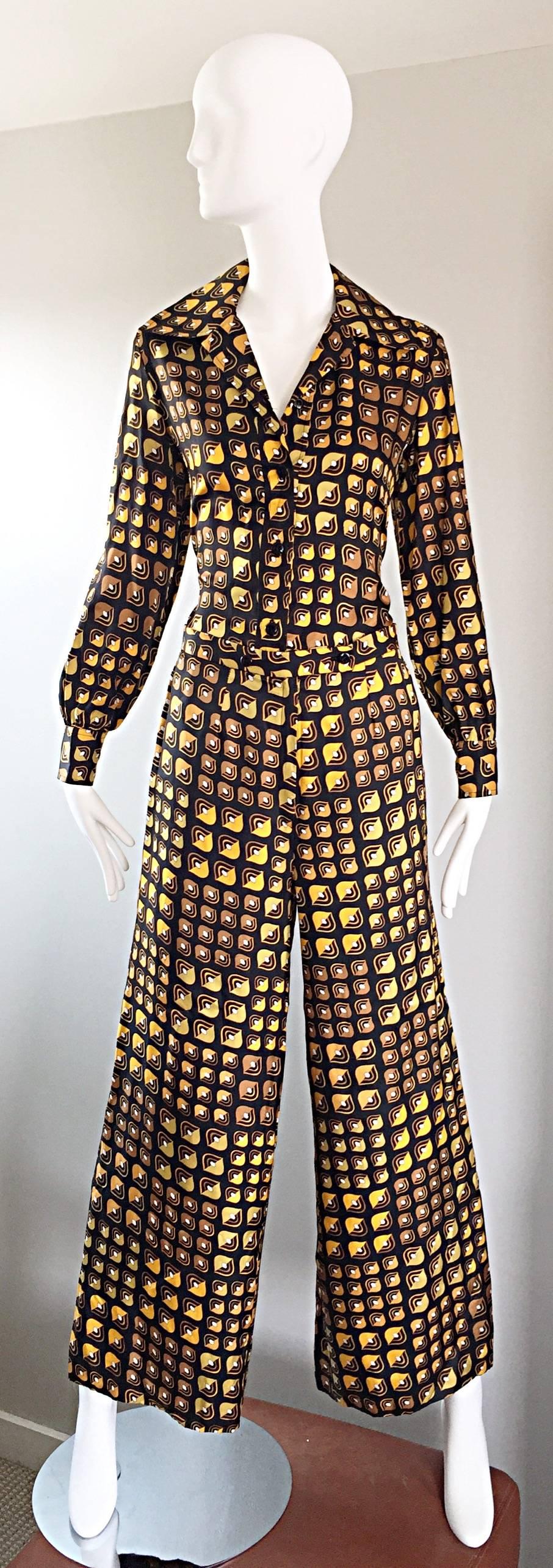 Lanvin Vintage Silk Blouse and Flared Trousers Geometric Yellow Print Rare 1970s 5