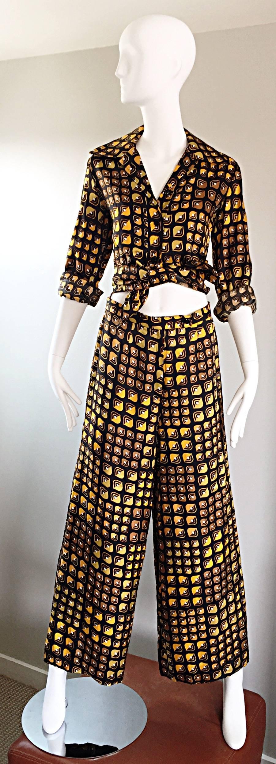 Black Lanvin Vintage Silk Blouse and Flared Trousers Geometric Yellow Print Rare 1970s