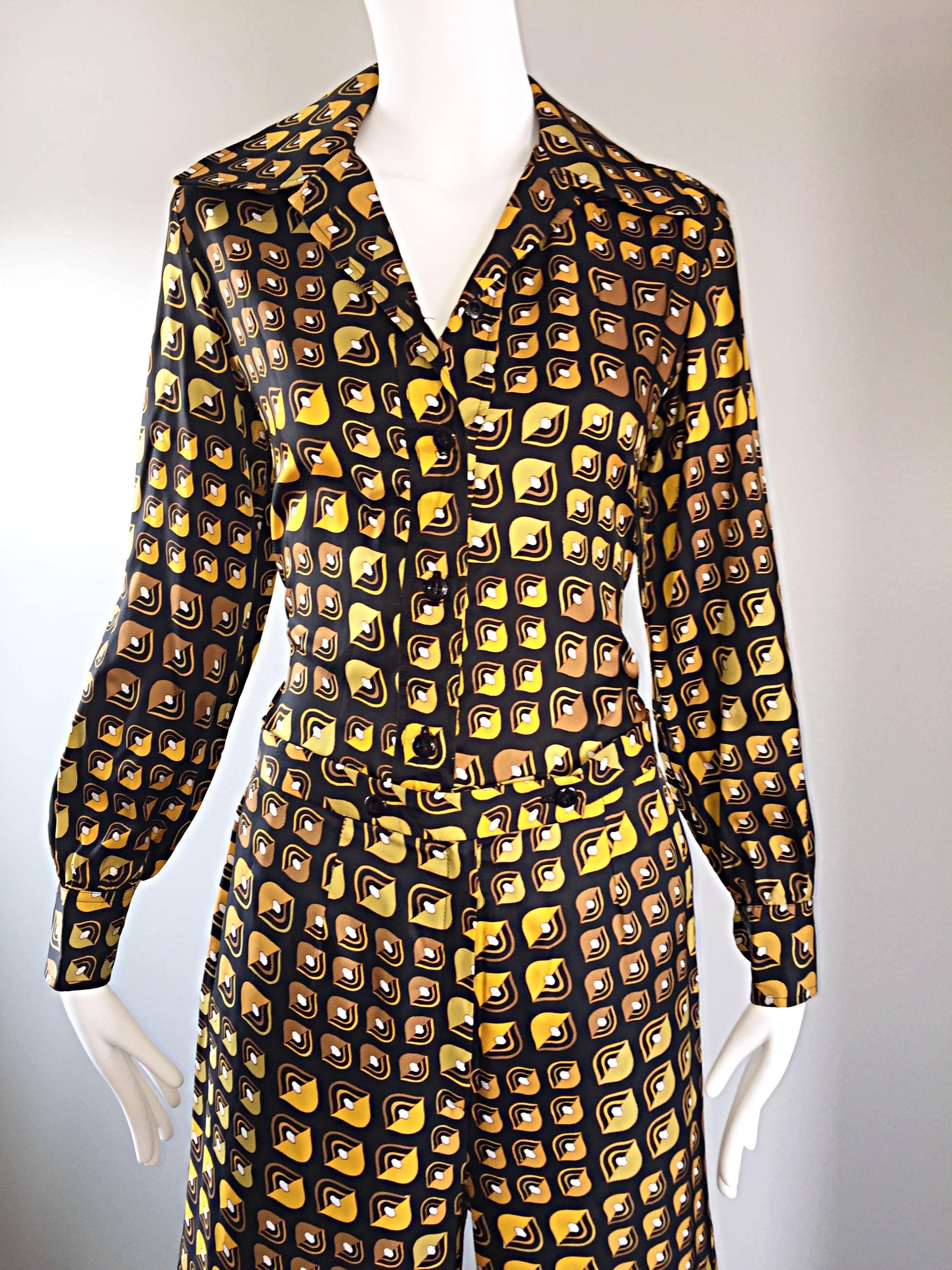 Lanvin Vintage Silk Blouse and Flared Trousers Geometric Yellow Print Rare 1970s 2