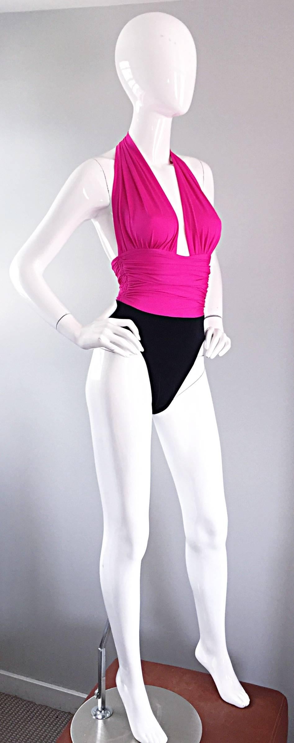 Purple Yves Saint Laurent Vintage Hot Pink Fuchsia and Black Swimsuit Bodysuit, 1970s For Sale