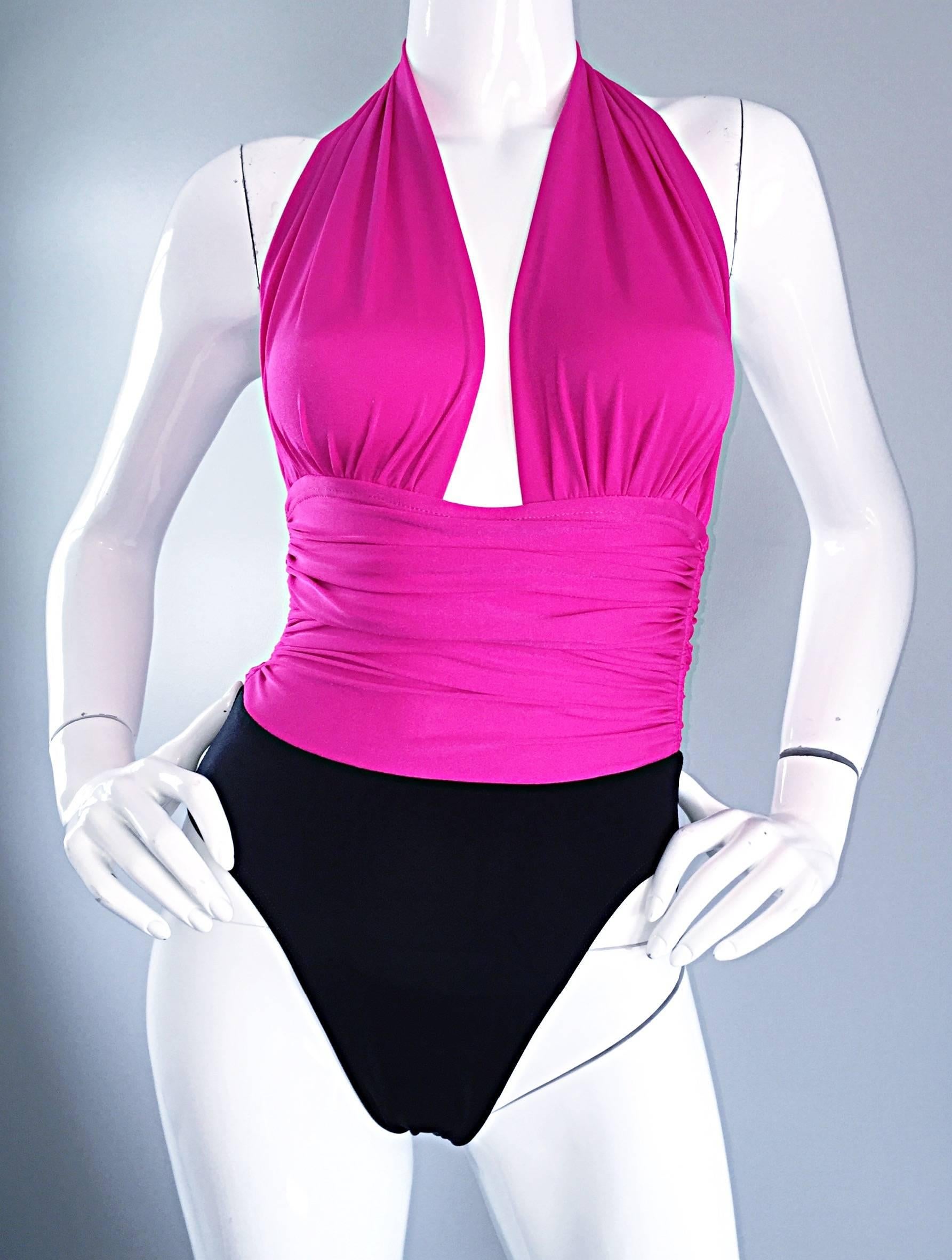 Yves Saint Laurent Vintage Hot Pink Fuchsia and Black Swimsuit Bodysuit, 1970s In Excellent Condition For Sale In San Diego, CA