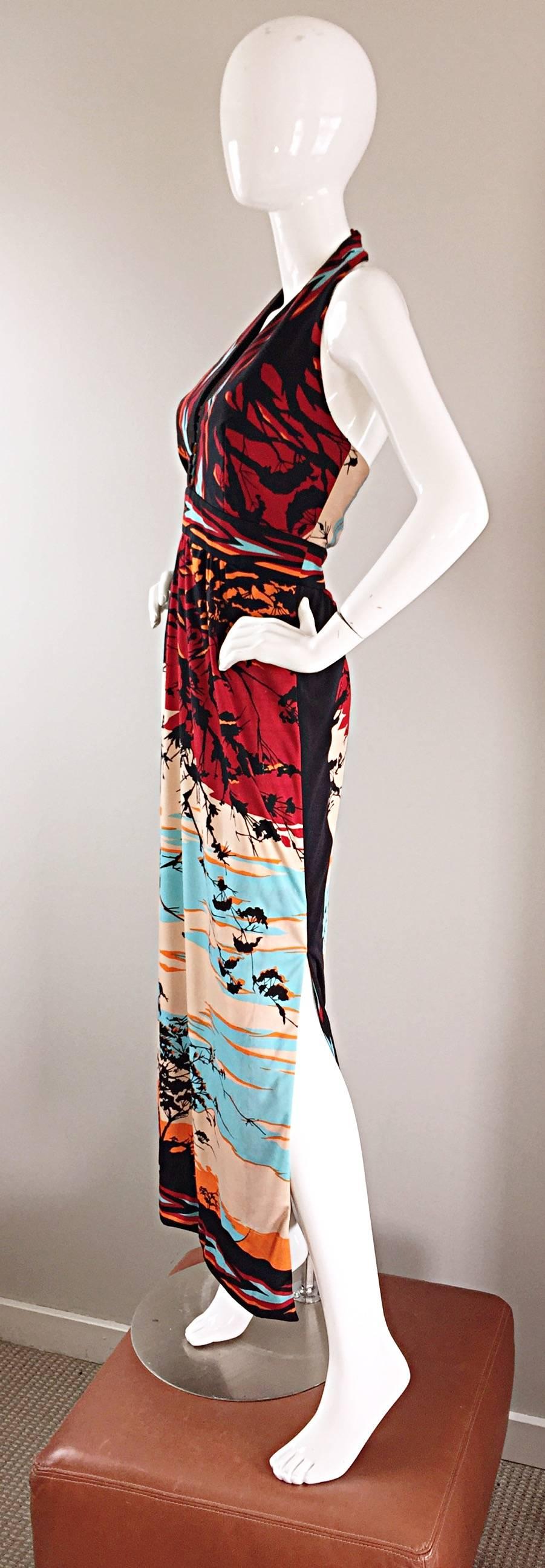 Vintage Paganne Gene Berk Signed Asian Themed 1970s Novelty Halter Maxi Dress In Excellent Condition In San Diego, CA