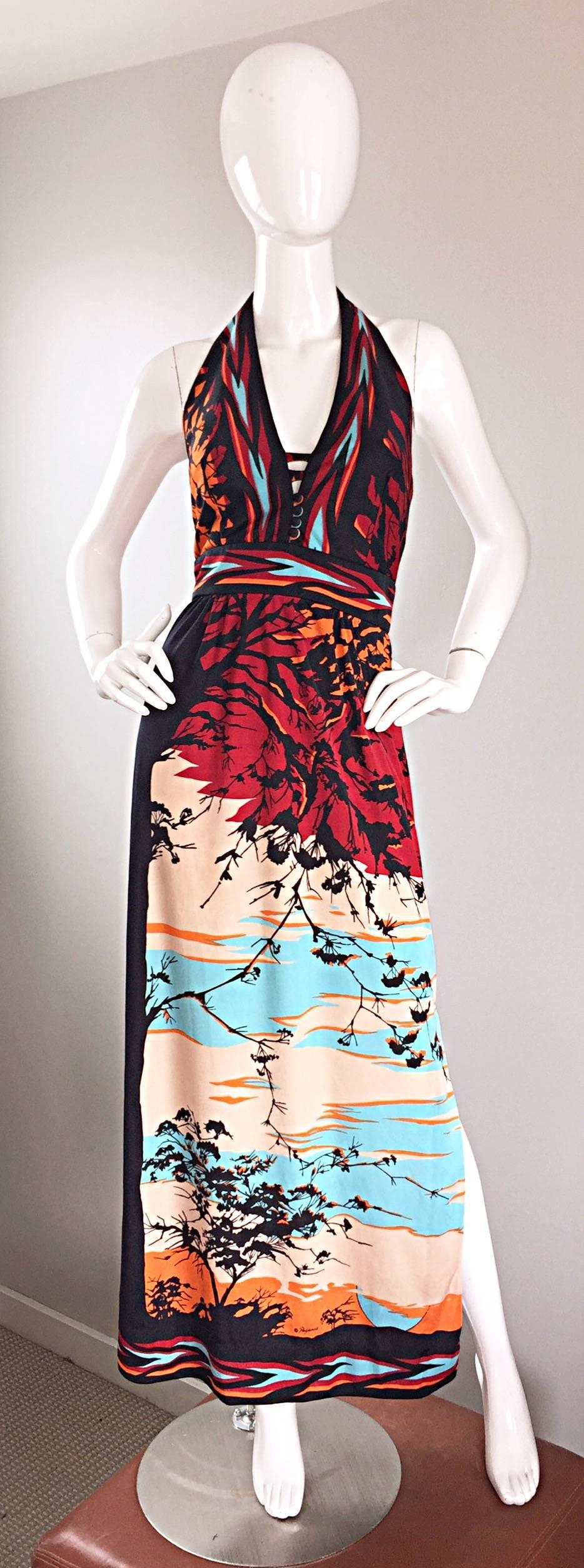 Incredible vintage 70s PAGANNE by GENE BERK Asian themed jersey maxi dress! Wonderful prints of black trees with a beautiful skyline. Cage detail above the bust add even more detail! Sexy slit up the side reveals just the right amount of skin.