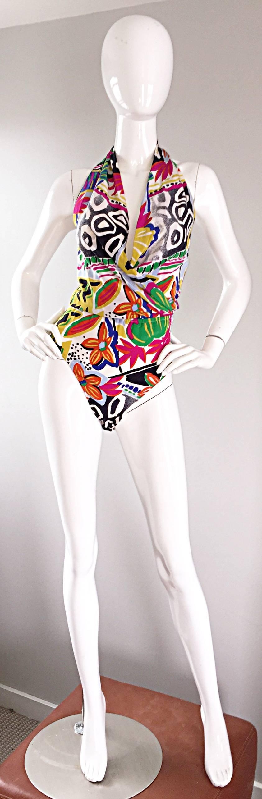 Escada by Margaretha Ley Vintage Silk Bodysuit Tropical Abstract Print, 1990s For Sale 3