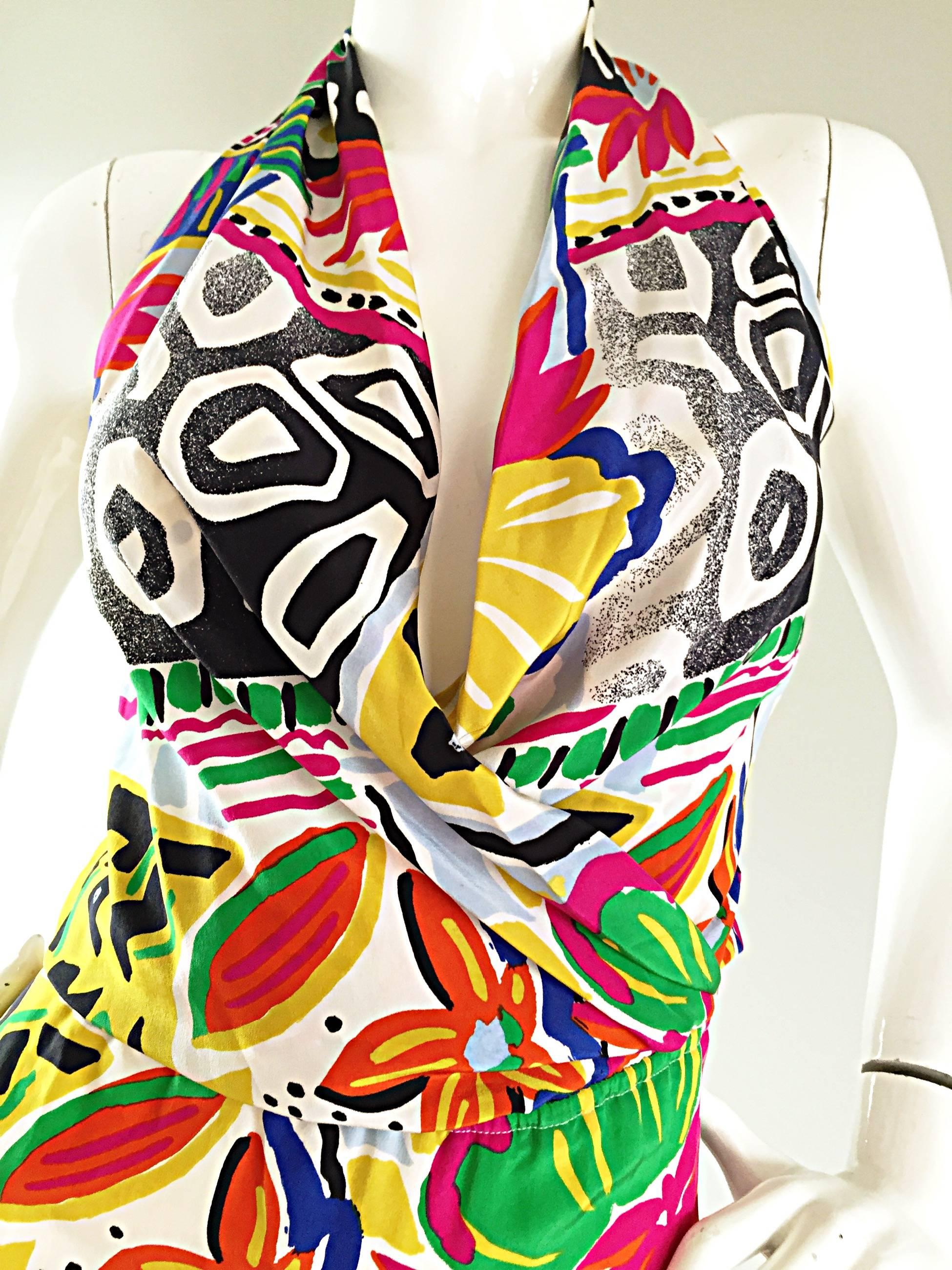 Escada by Margaretha Ley Vintage Silk Bodysuit Tropical Abstract Print, 1990s In Excellent Condition For Sale In San Diego, CA