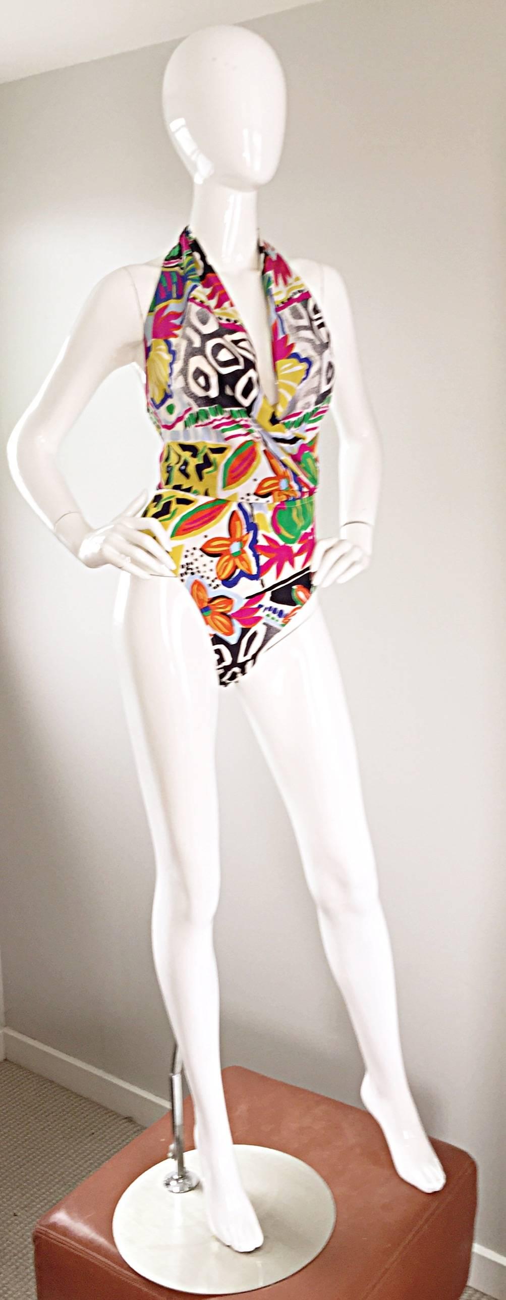 Women's Escada by Margaretha Ley Vintage Silk Bodysuit Tropical Abstract Print, 1990s For Sale