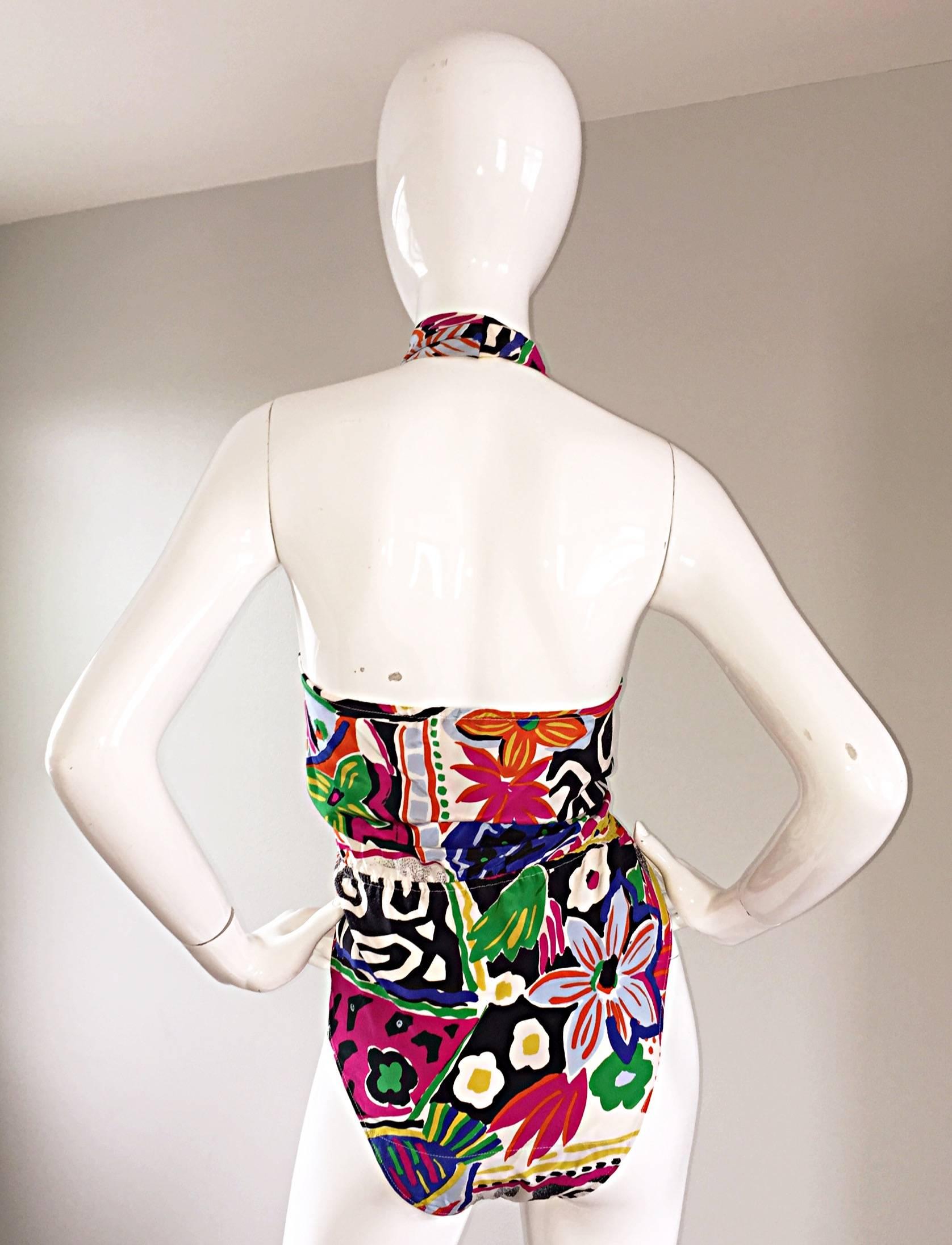 Escada par Margaretha Ley - Body en soie vintage à imprimé abstrait tropical, années 1990 en vente 3