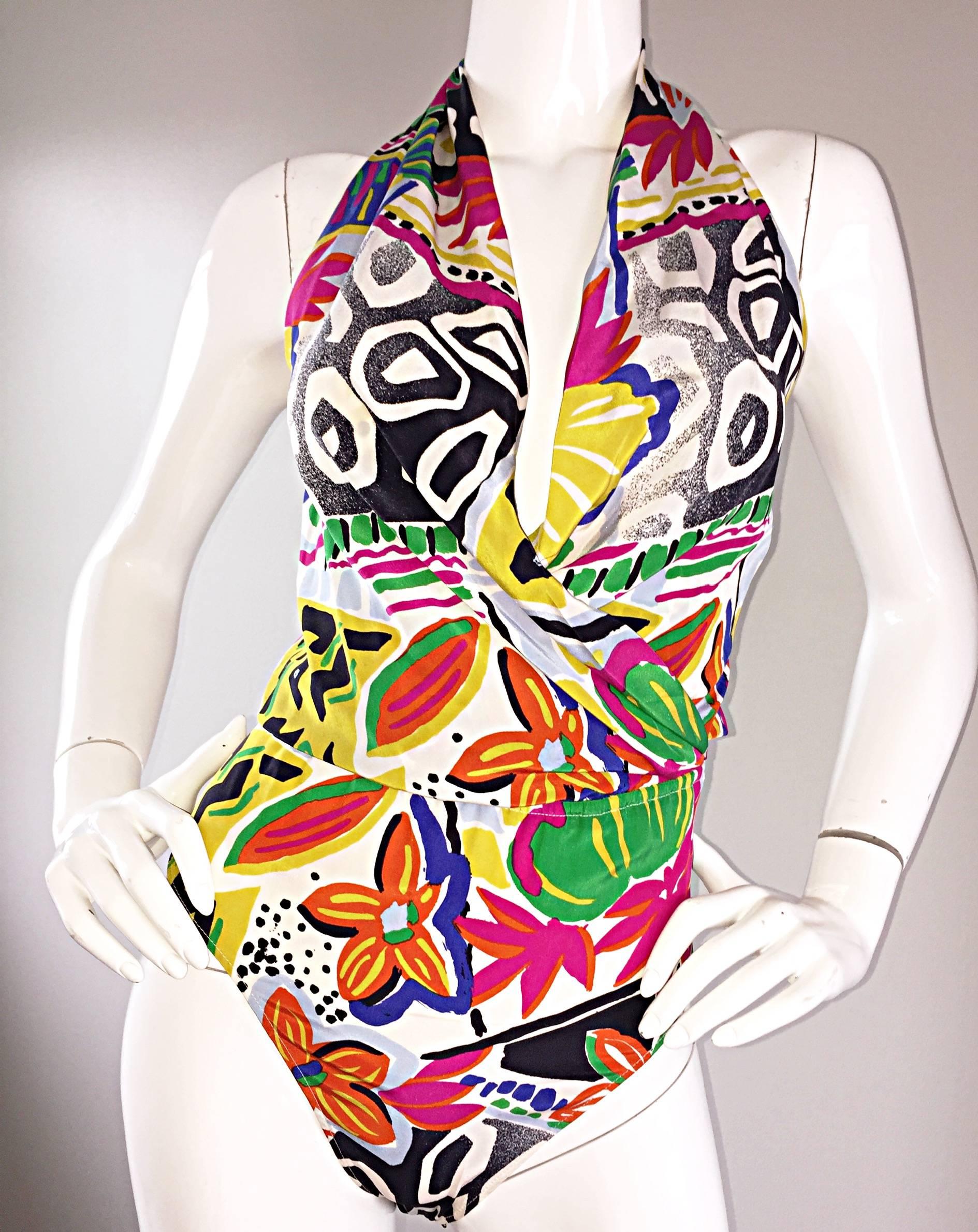 Escada by Margaretha Ley Vintage Silk Bodysuit Tropical Abstract Print, 1990s For Sale 1