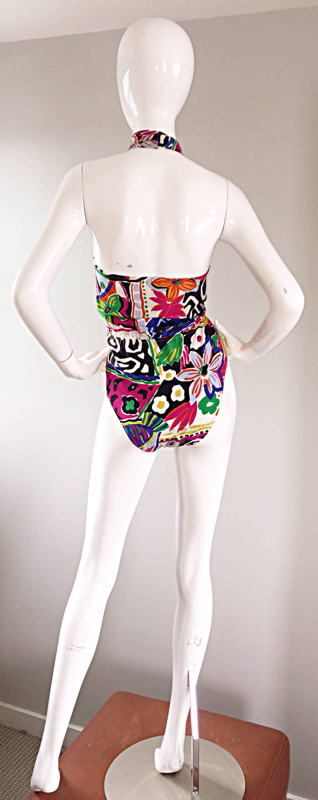 Beige Escada by Margaretha Ley Vintage Silk Bodysuit Tropical Abstract Print, 1990s For Sale