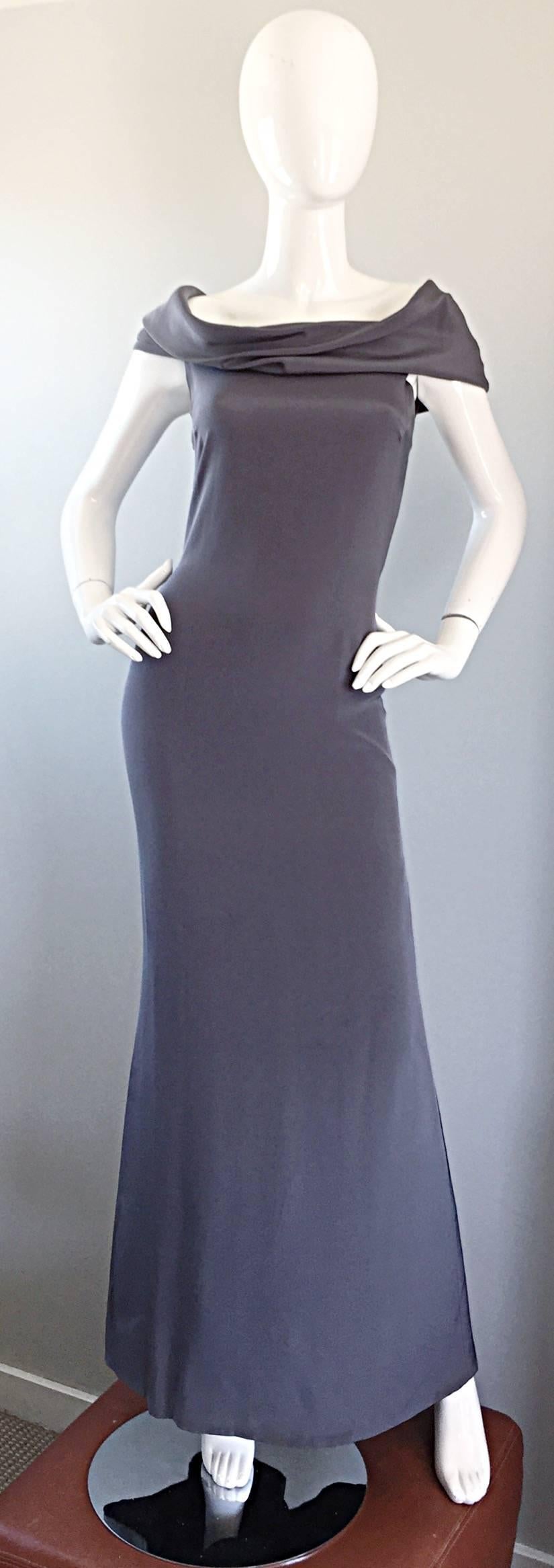 Beautiful vintage 90s BILL BLASS off-the-shoulder Grecian evening dress! Perfect French Grey color compliments nearly any skin tone. Soft silk jersey flatters the body, and hugs the curves perfectly! Hidden zipper up the back with hook-and-eye