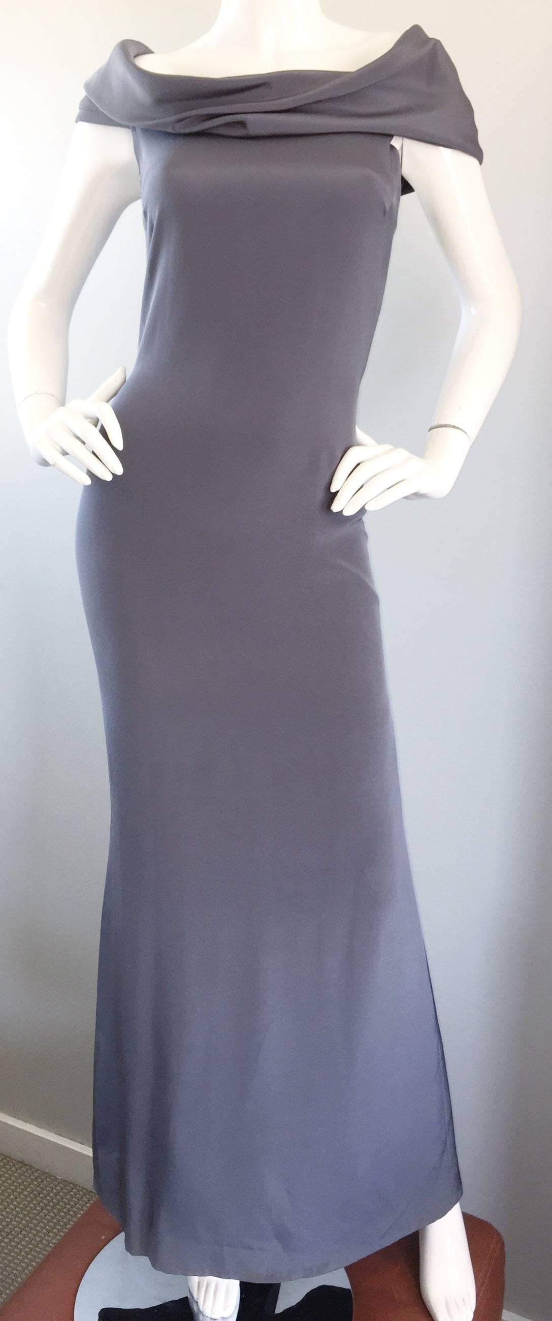 Women's 1990s Bill Blass Vintage French Dove Gray Off Shoulder Silk Jersey Evening Gown For Sale