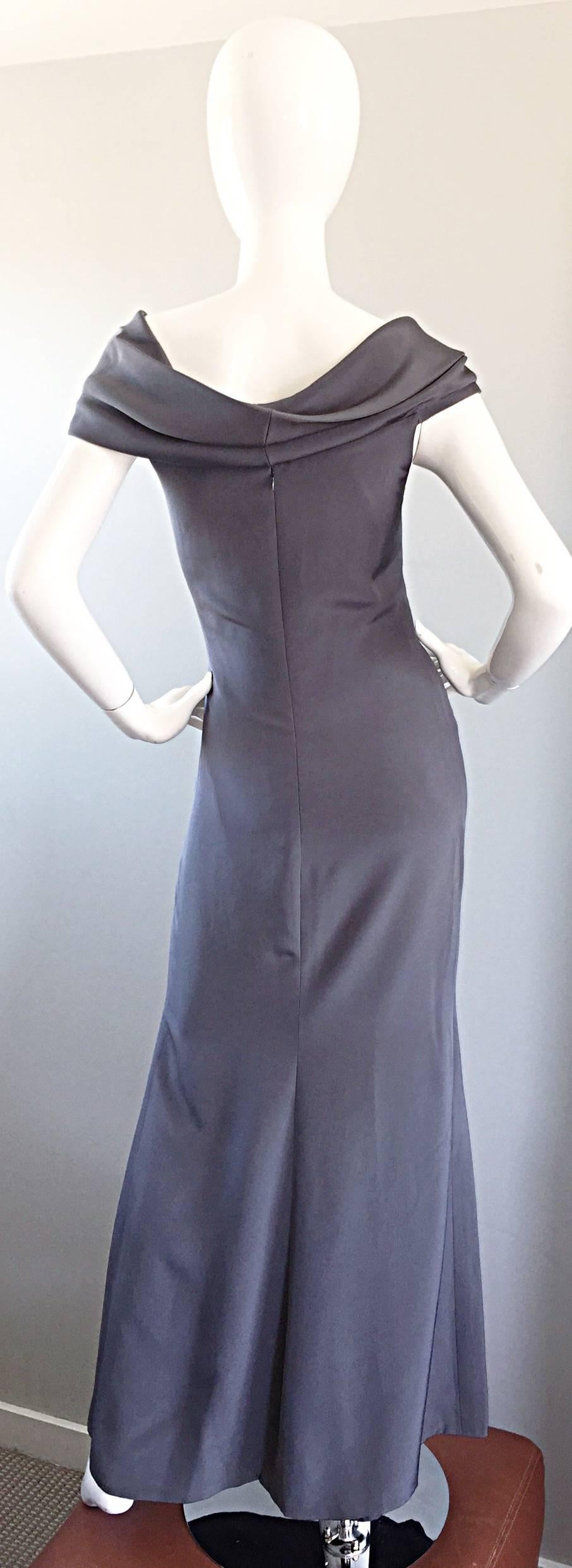 1990s Bill Blass Vintage French Dove Gray Off Shoulder Silk Jersey Evening Gown For Sale 1