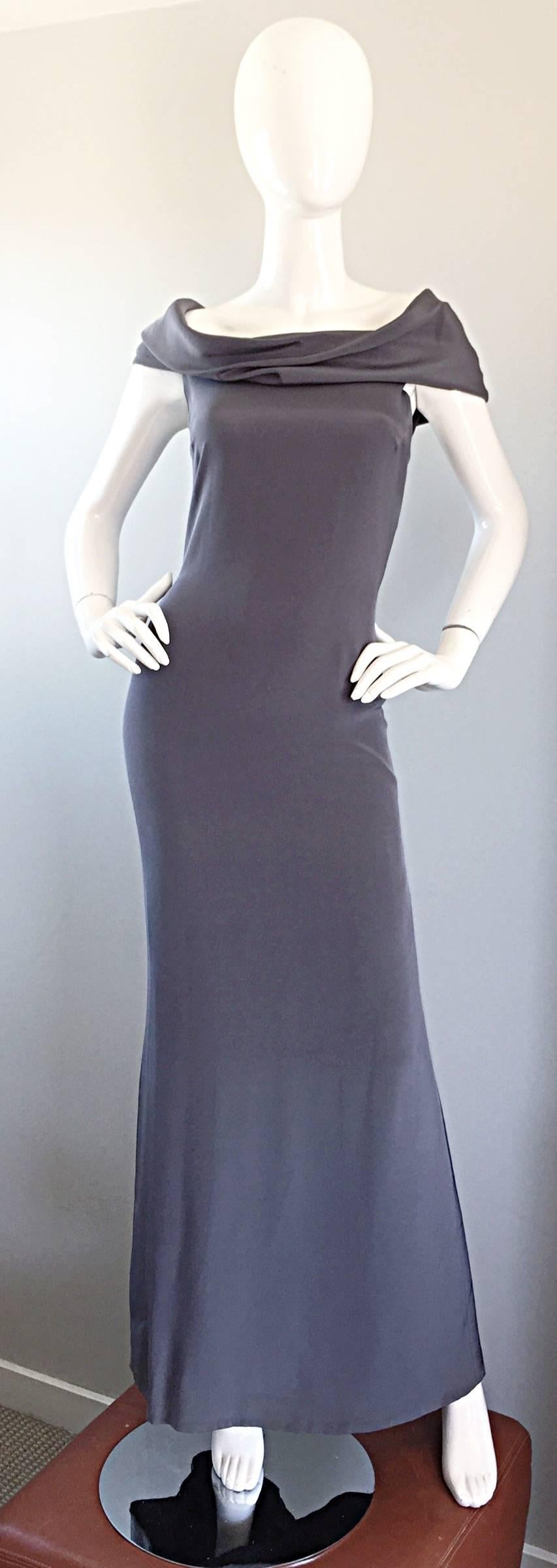 1990s Bill Blass Vintage French Dove Gray Off Shoulder Silk Jersey Evening Gown For Sale 2