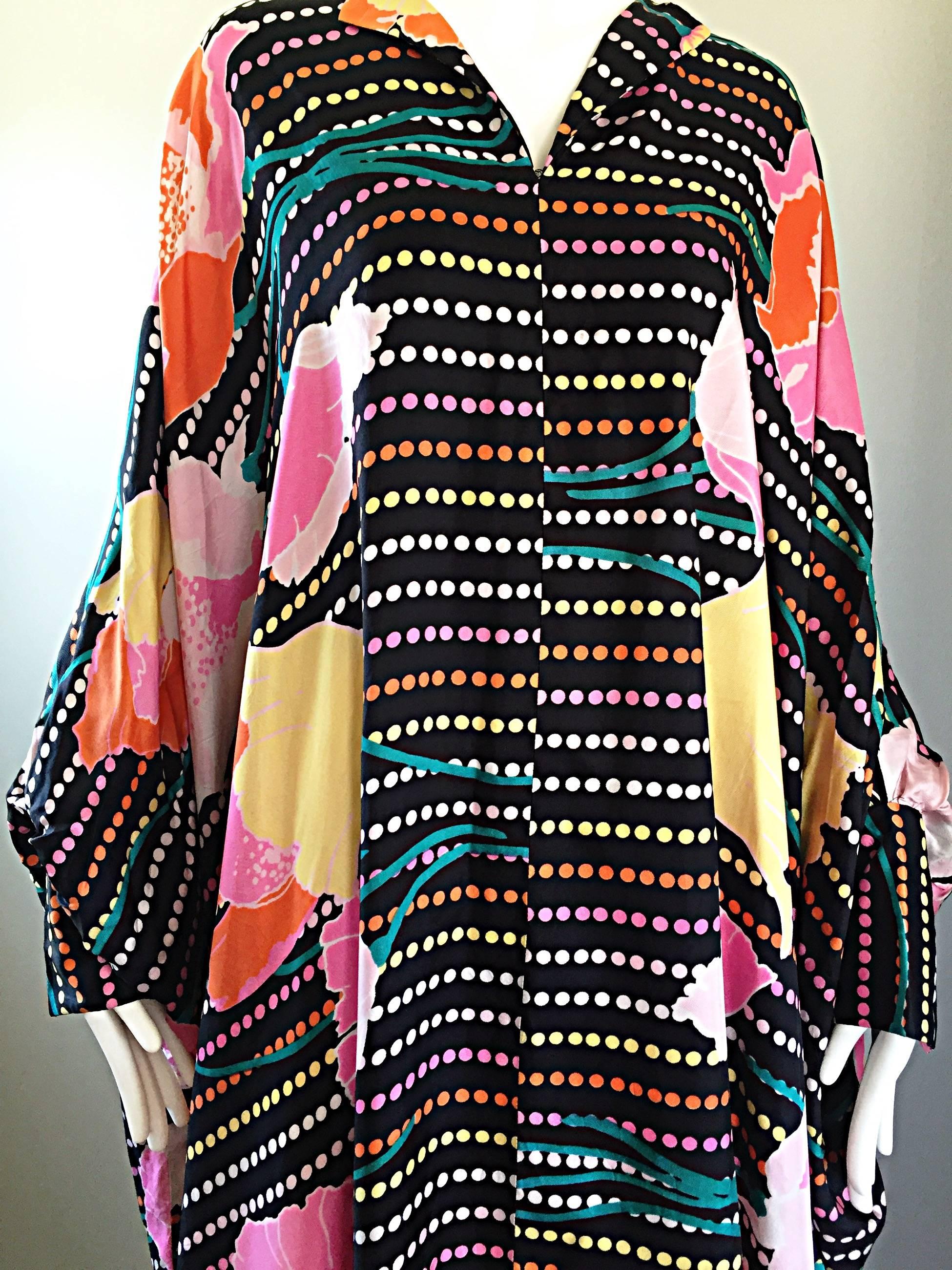 Amazing Vintage Lois Myers 1970s 70s Polka Dots and Flowers Caftan Maxi Dress In Excellent Condition In San Diego, CA