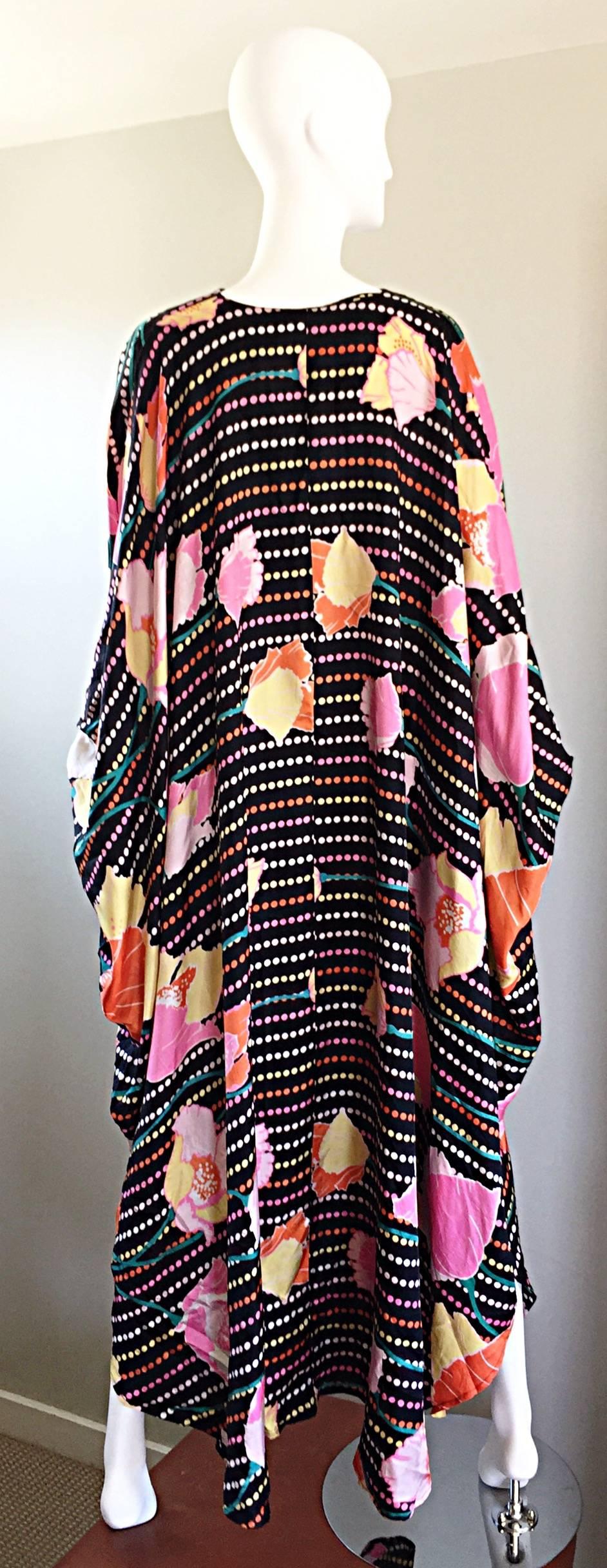 Amazing Vintage Lois Myers 1970s 70s Polka Dots and Flowers Caftan Maxi Dress 1