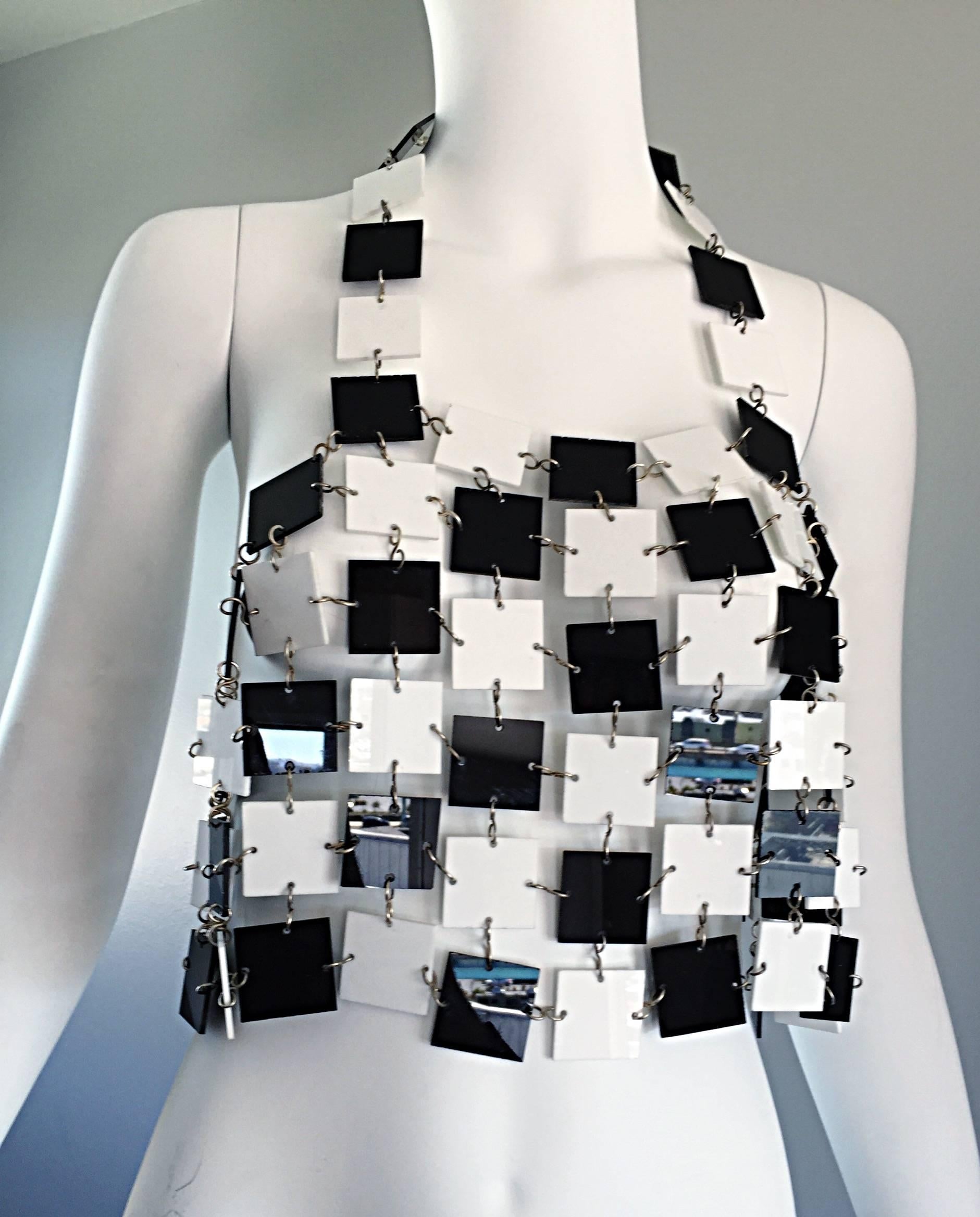 Gray Paco Rabanne Black and White Acrylic Vintage Halter Crop Top, 1960s For Sale
