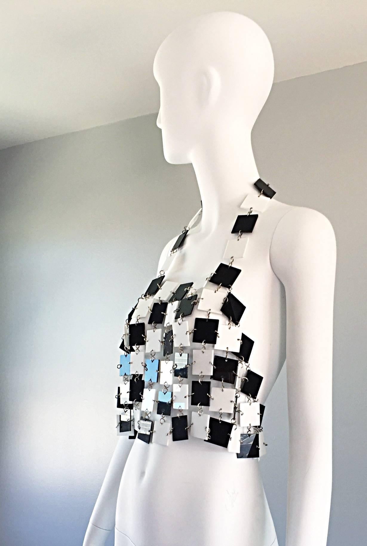 Paco Rabanne Black and White Acrylic Vintage Halter Crop Top, 1960s In Excellent Condition For Sale In San Diego, CA