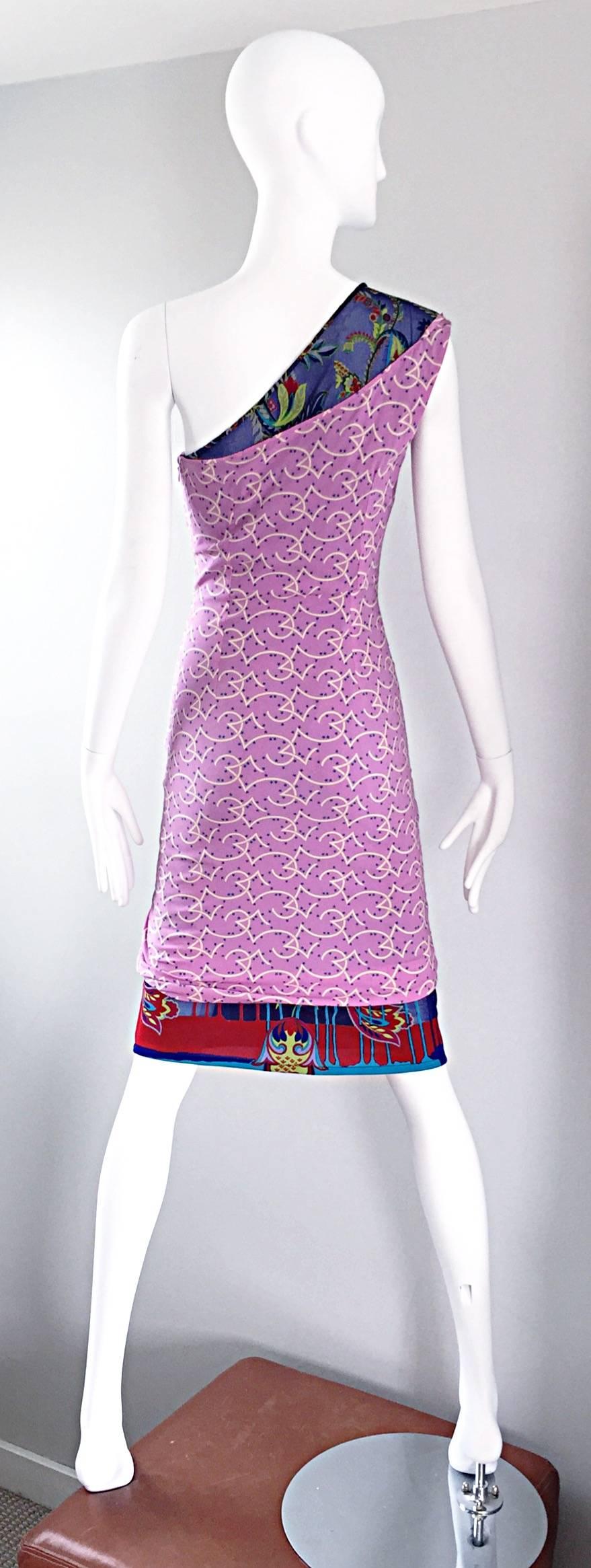 Purple Vintage Gianni Versace Couture 1990s One Shoulder Mixed Media Bodycon Star Dress