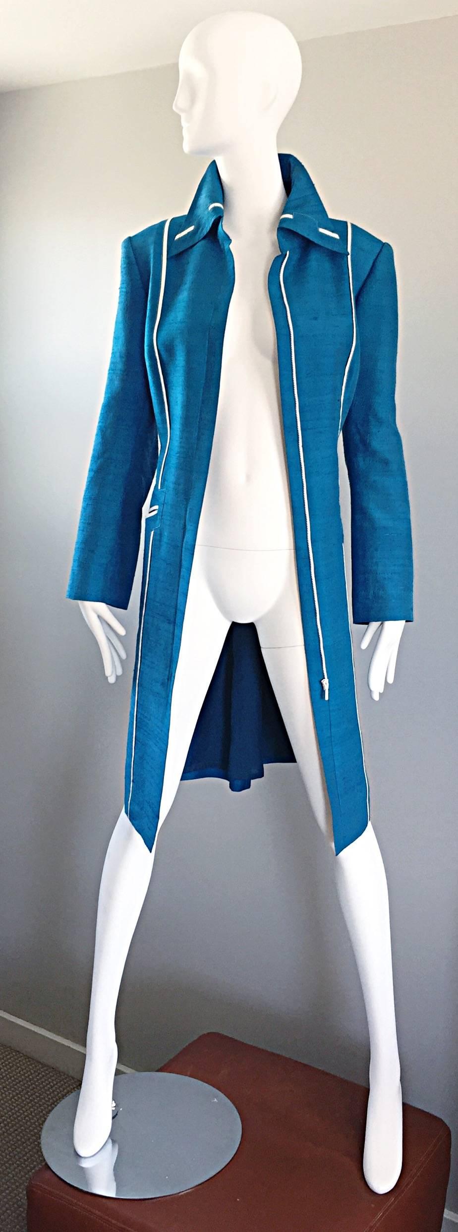 Max Nugas Haute Couture Vintage Cerulean Blue Silk Shantung Jacket Coat, 1970s In Excellent Condition For Sale In San Diego, CA
