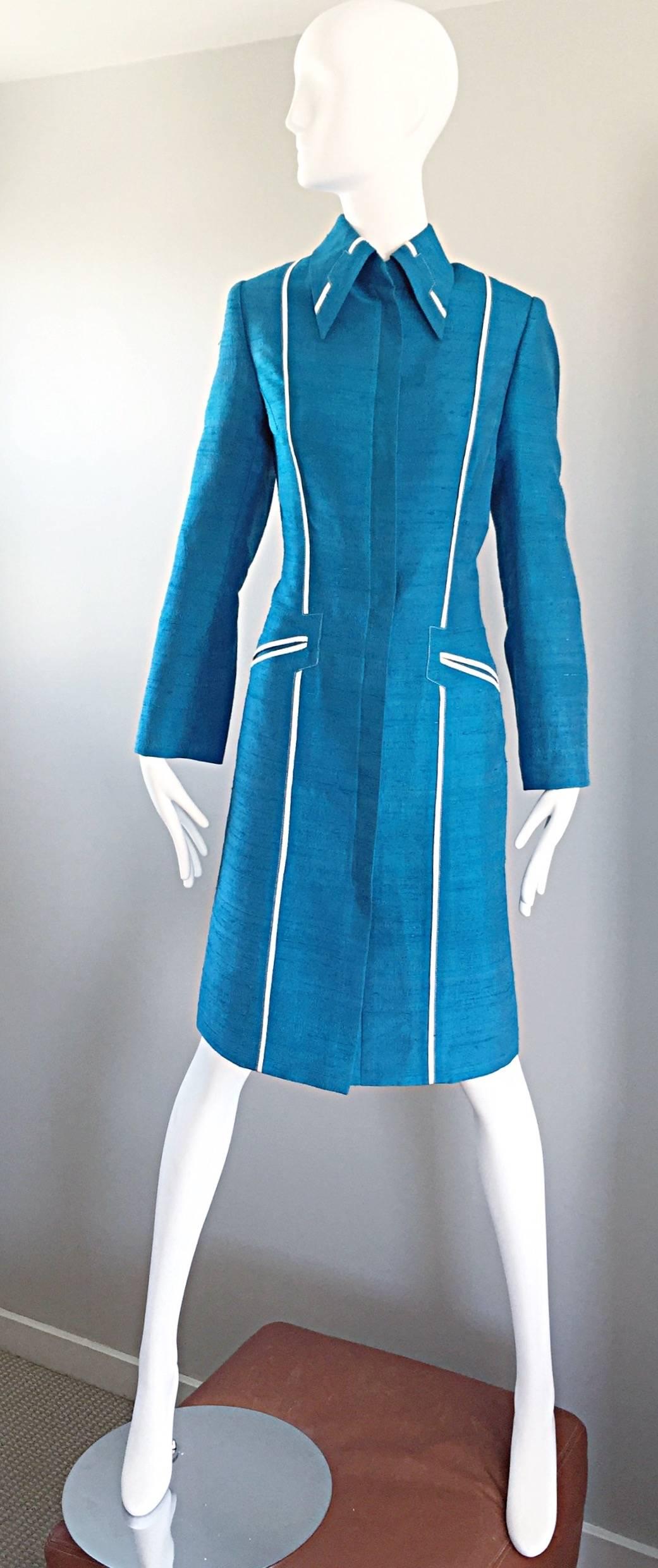 Max Nugas Haute Couture Vintage Cerulean Blue Silk Shantung Jacket Coat, 1970s For Sale 1