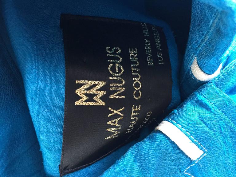 Max Nugas Haute Couture Vintage Cerulean Blue Silk Shantung Jacket Coat, 1970s For Sale 5