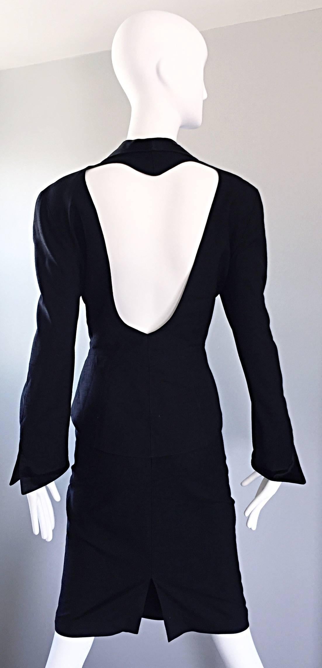 Thierry Mugler Vintage Black Open Back Wasp Waist Black Skirt Suit, 1990s 1