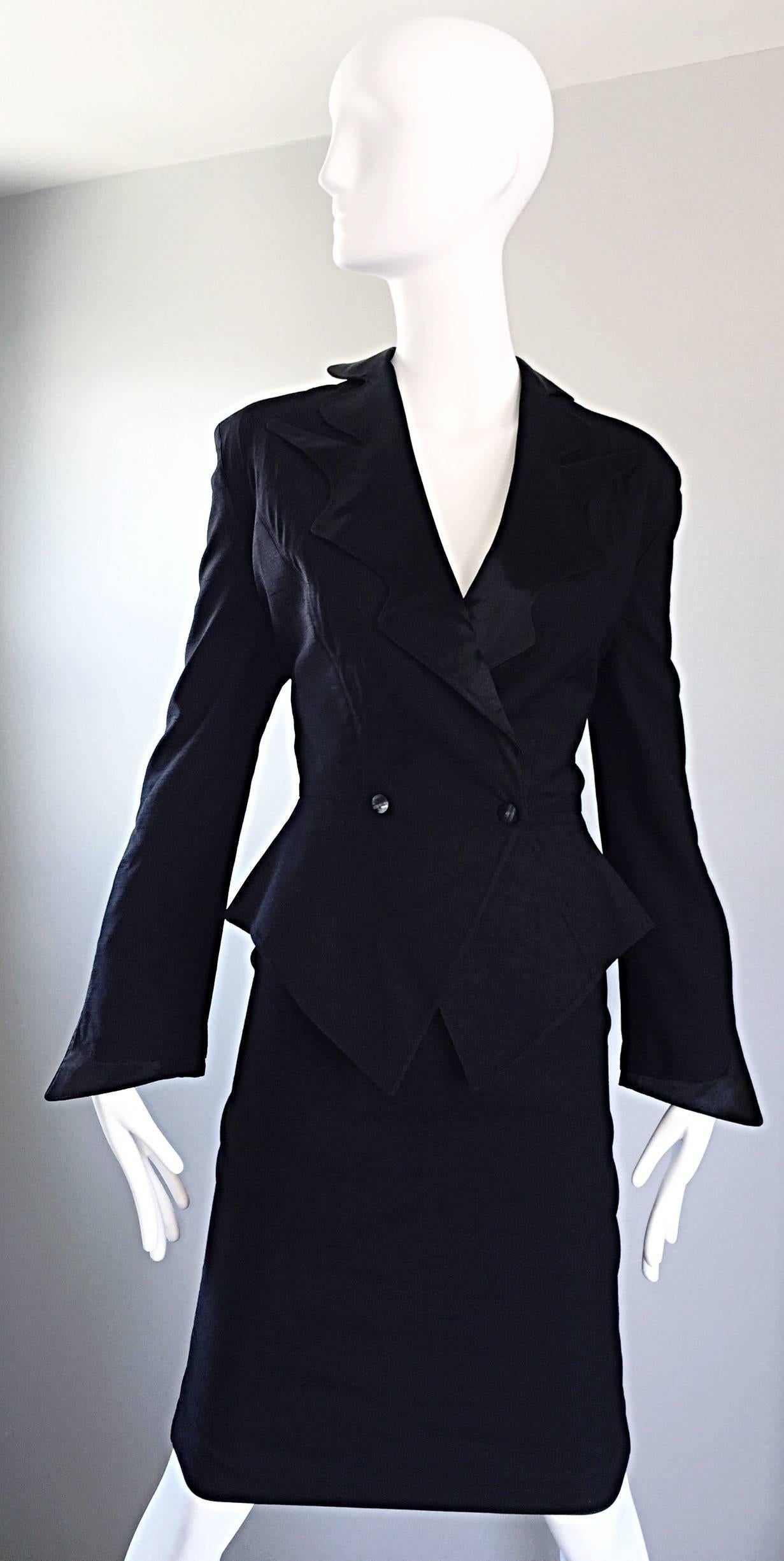 Thierry Mugler Vintage Black Open Back Wasp Waist Black Skirt Suit, 1990s 2