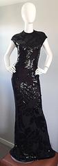 Halston NWT $12k Vintage Size 6 Open Back Black Silk Sequin Gown Dress