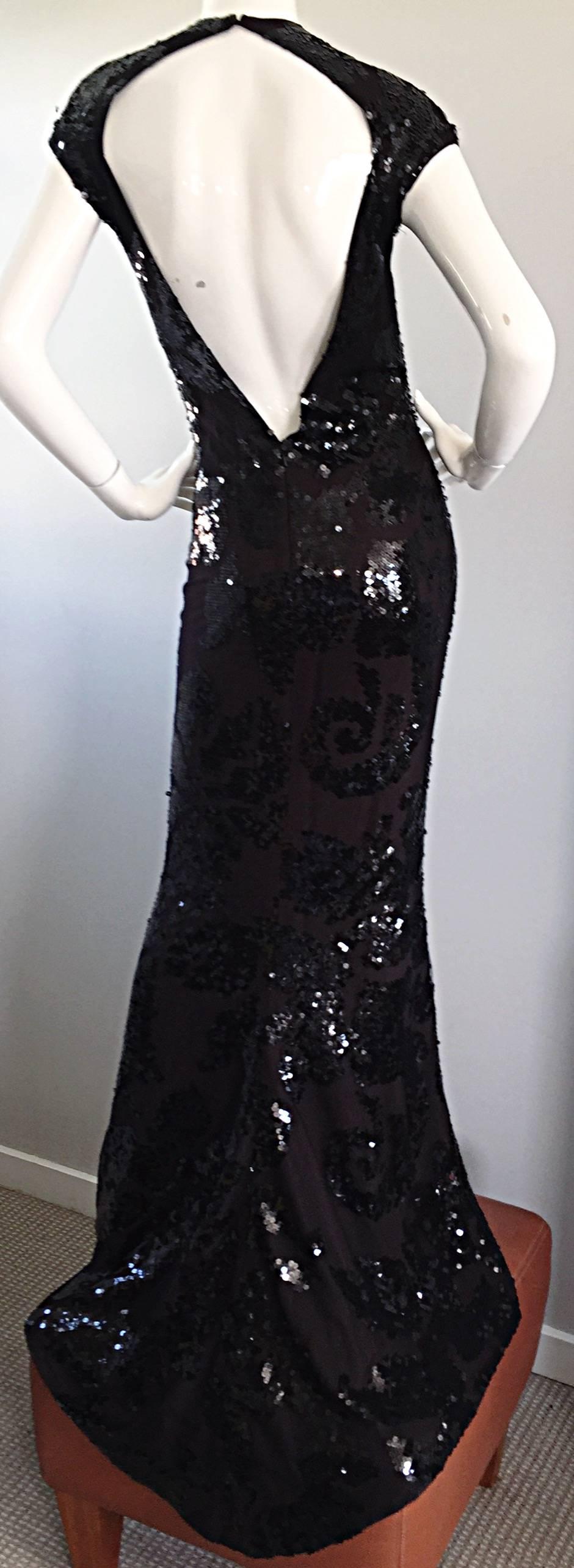 Halston NWT $12k Vintage Größe 6 Open Back Schwarz Seide Paillettenkleid Kleid im Zustand „Neu“ im Angebot in San Diego, CA