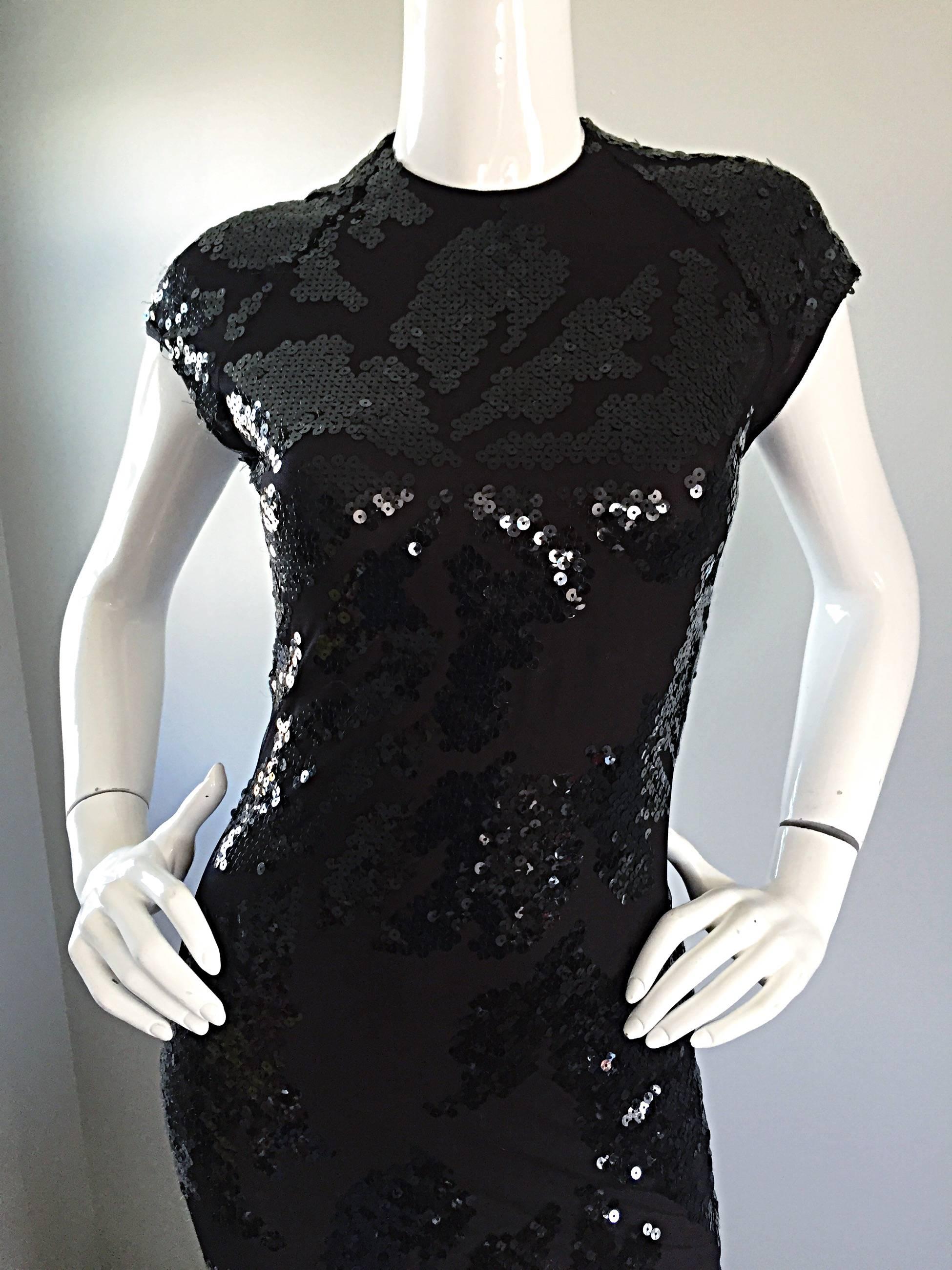 Halston NWT $12k Vintage Größe 6 Open Back Schwarz Seide Paillettenkleid Kleid im Angebot 1