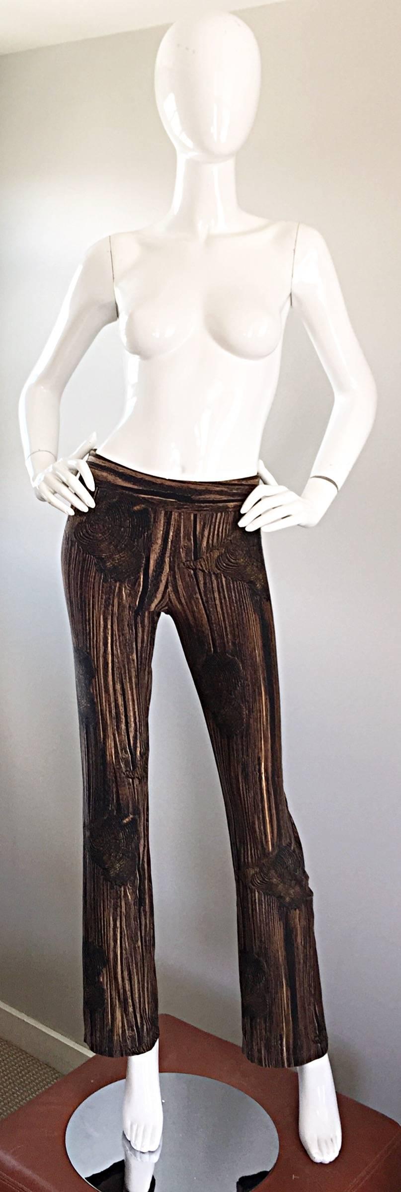 Vintage Moschino Couture Tree Bark + Hearts 1990s Novelty Flared Hem Trousers For Sale 1