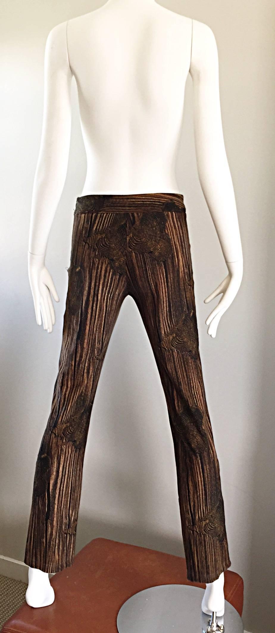 Women's Vintage Moschino Couture Tree Bark + Hearts 1990s Novelty Flared Hem Trousers For Sale