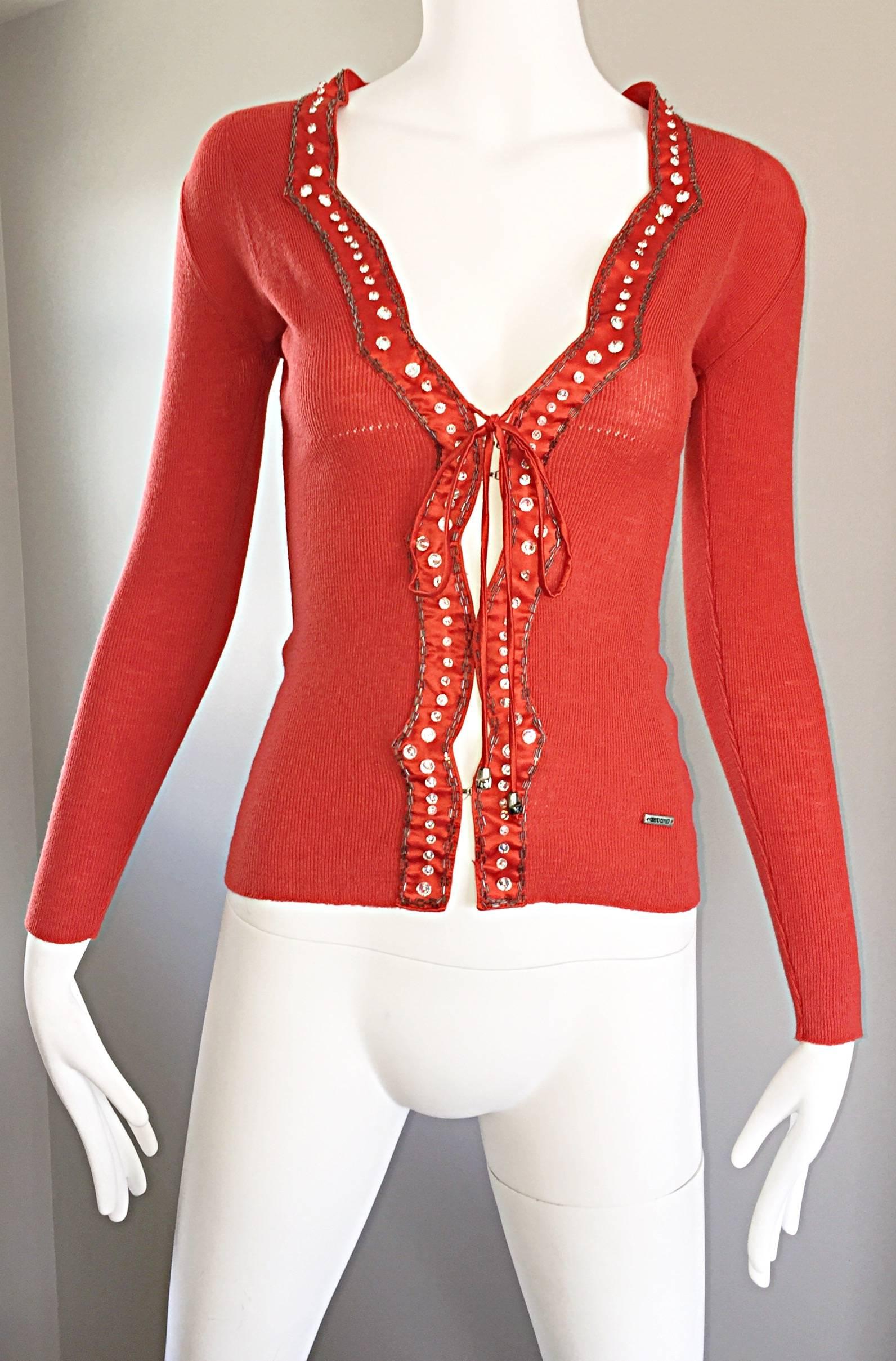 Red Roberto Cavalli 1990s Burnt Orange Rhinestone + Beaded Vintage Knit Cardigan Top