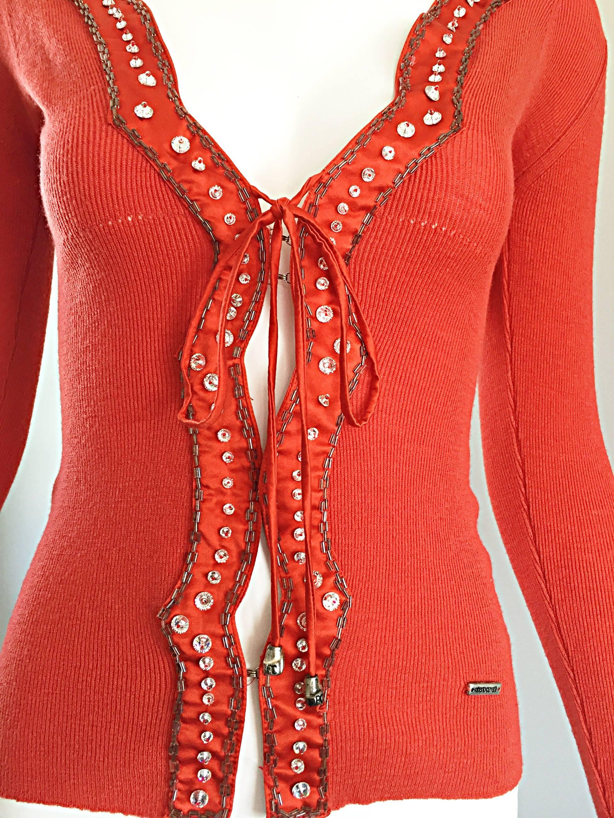 Women's Roberto Cavalli 1990s Burnt Orange Rhinestone + Beaded Vintage Knit Cardigan Top