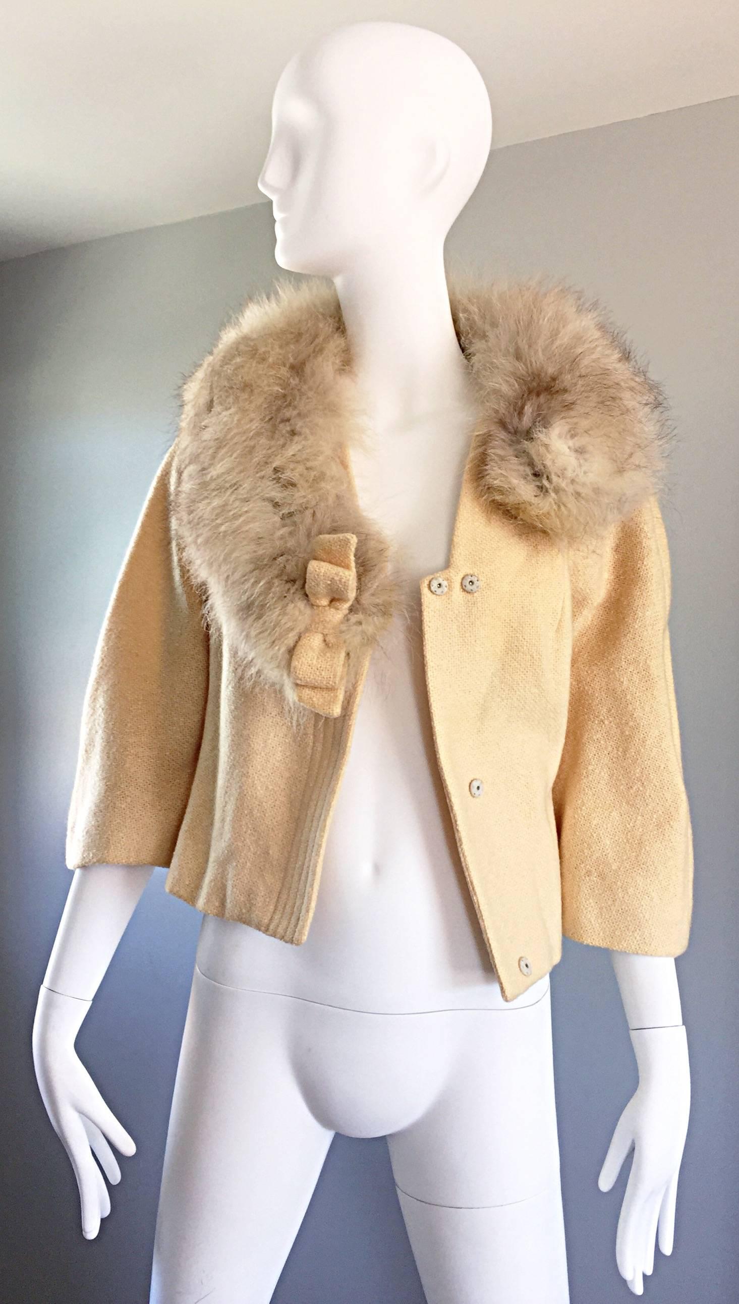 Beige Incredible Vintage Lilli Ann 1960s Ivory Wool + Fur Cropped Swing Jacket Coat