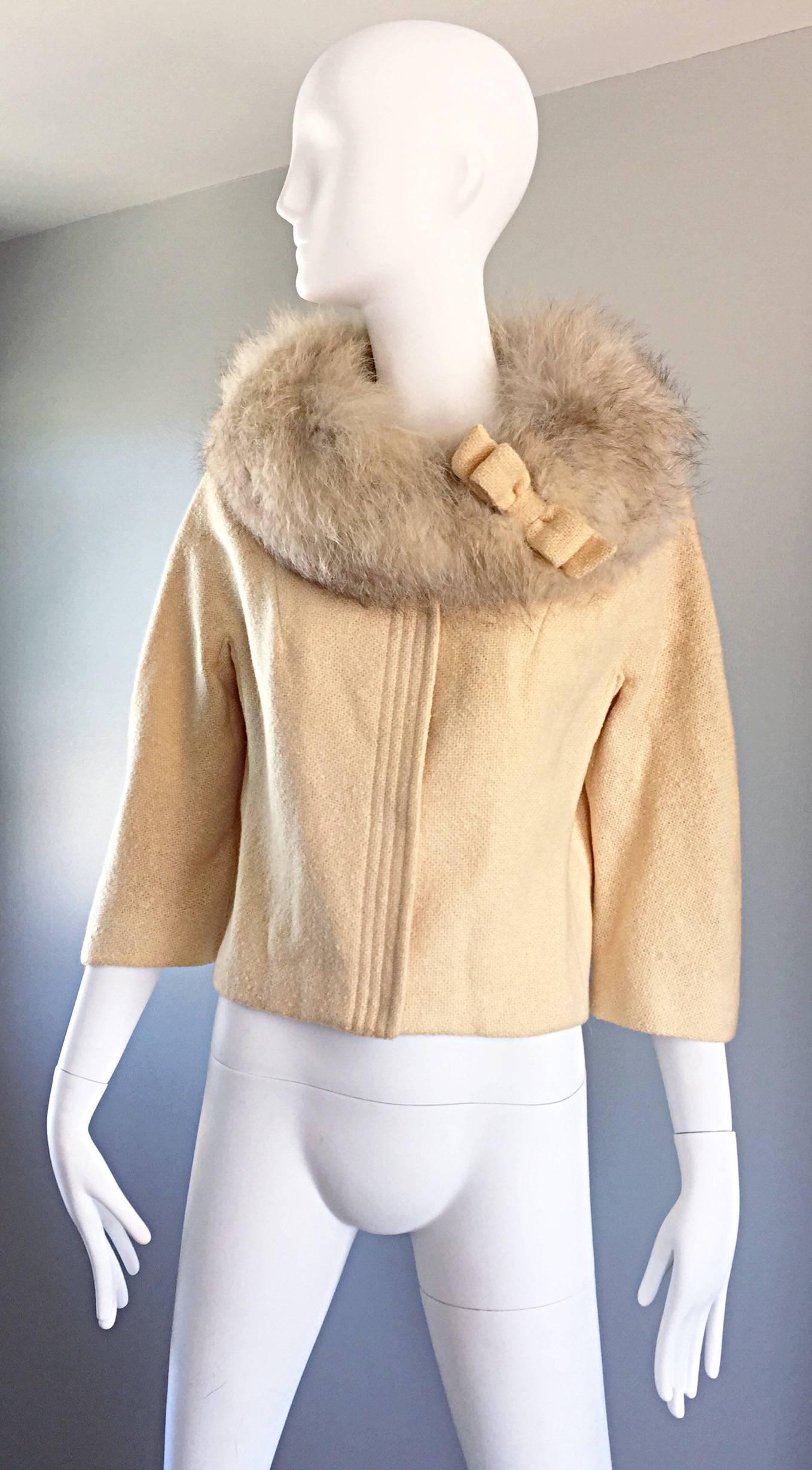Incredible Vintage Lilli Ann 1960s Ivory Wool + Fur Cropped Swing Jacket Coat 1