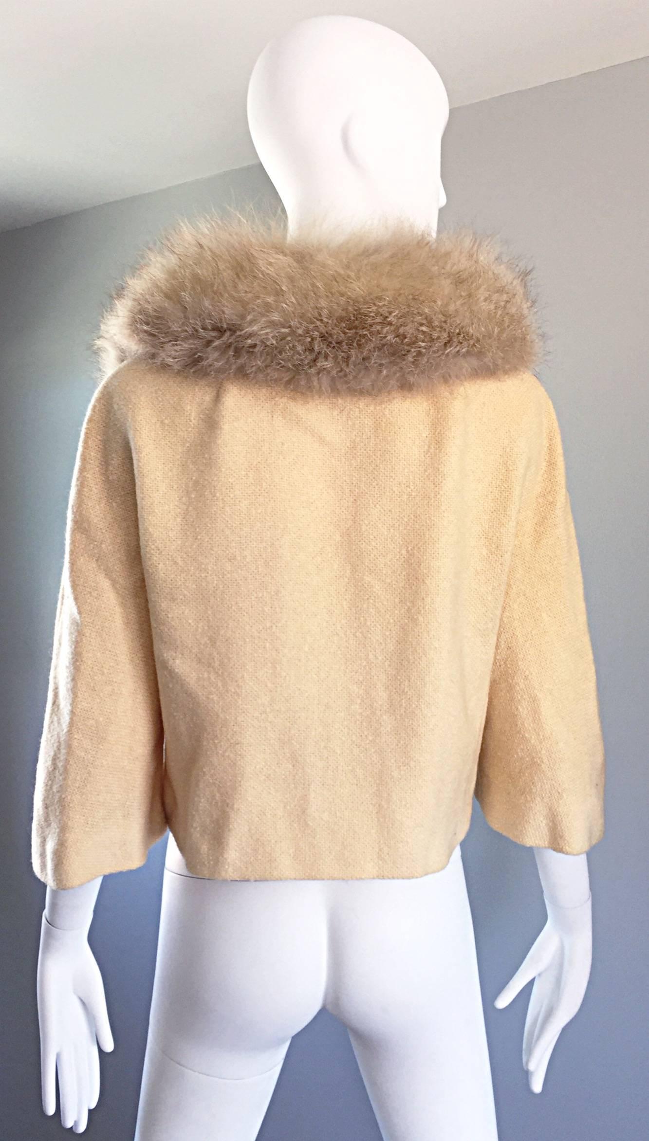 Women's Incredible Vintage Lilli Ann 1960s Ivory Wool + Fur Cropped Swing Jacket Coat