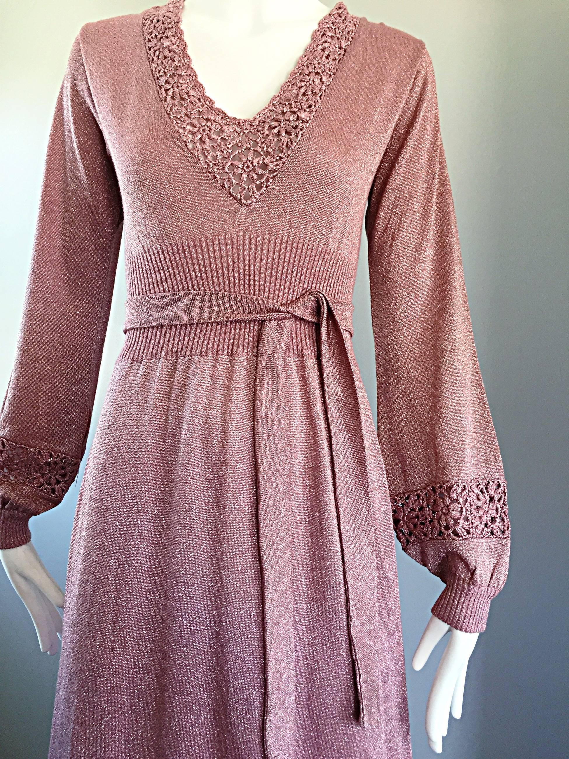 Brown Beautiful 1970s Pink Lurex Jersey Crochet Long Sleeve Belted Vintage Maxi Dress