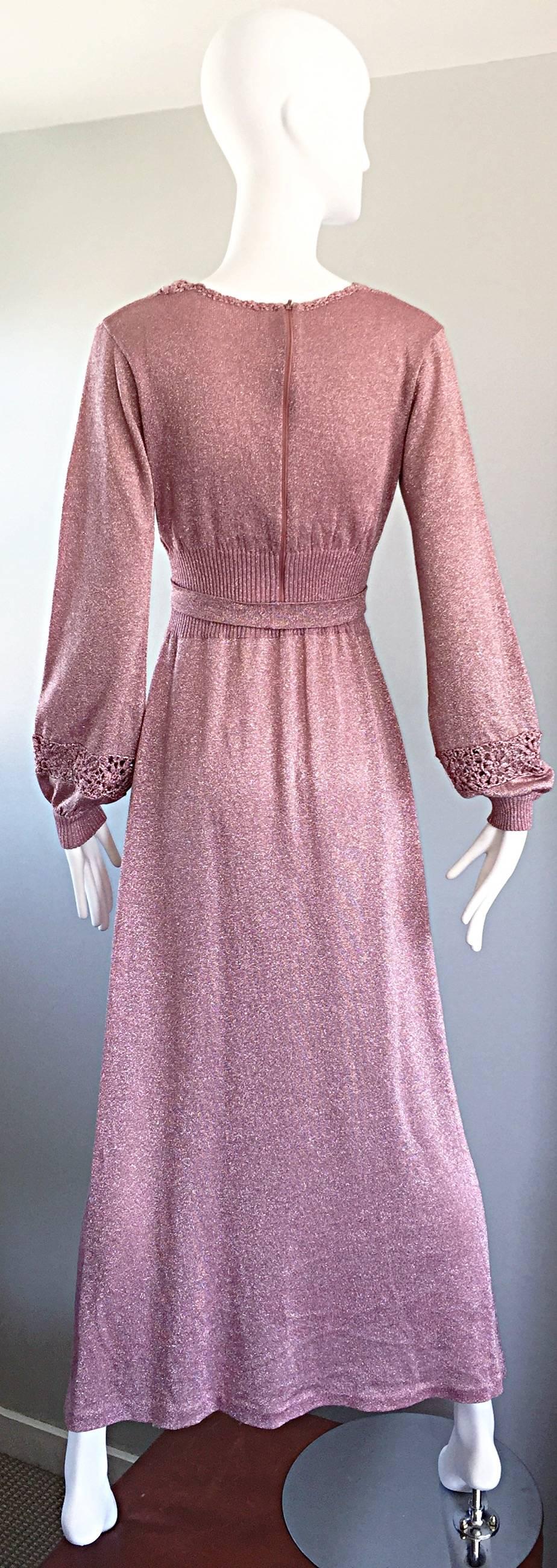 Beautiful 1970s Pink Lurex Jersey Crochet Long Sleeve Belted Vintage Maxi Dress In Excellent Condition In San Diego, CA