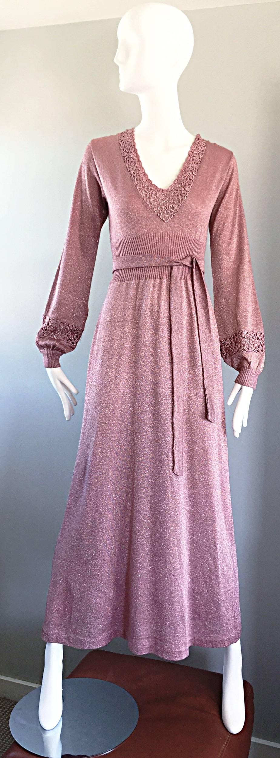 Beautiful 1970s Pink Lurex Jersey Crochet Long Sleeve Belted Vintage Maxi Dress 1