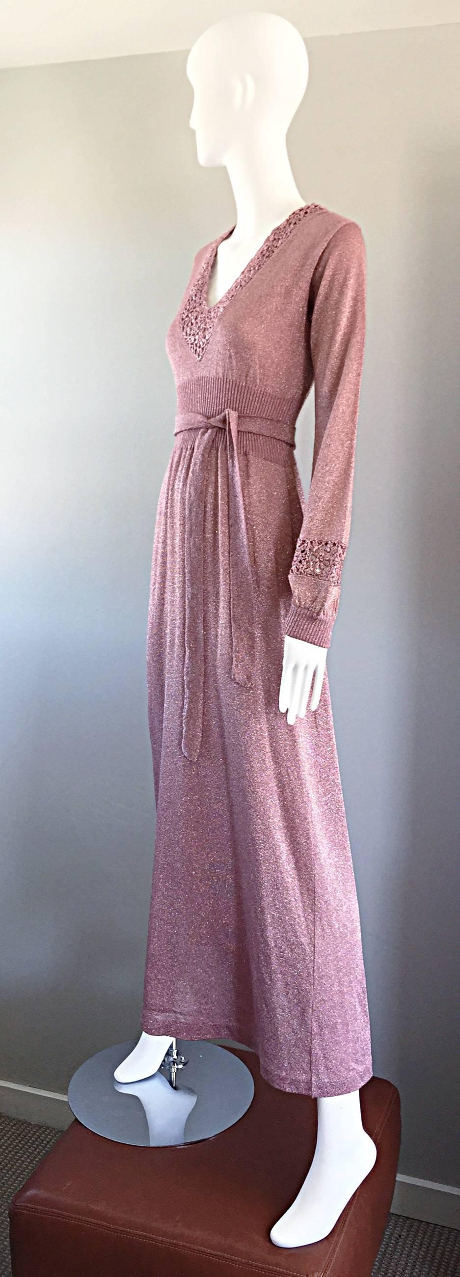 Women's Beautiful 1970s Pink Lurex Jersey Crochet Long Sleeve Belted Vintage Maxi Dress