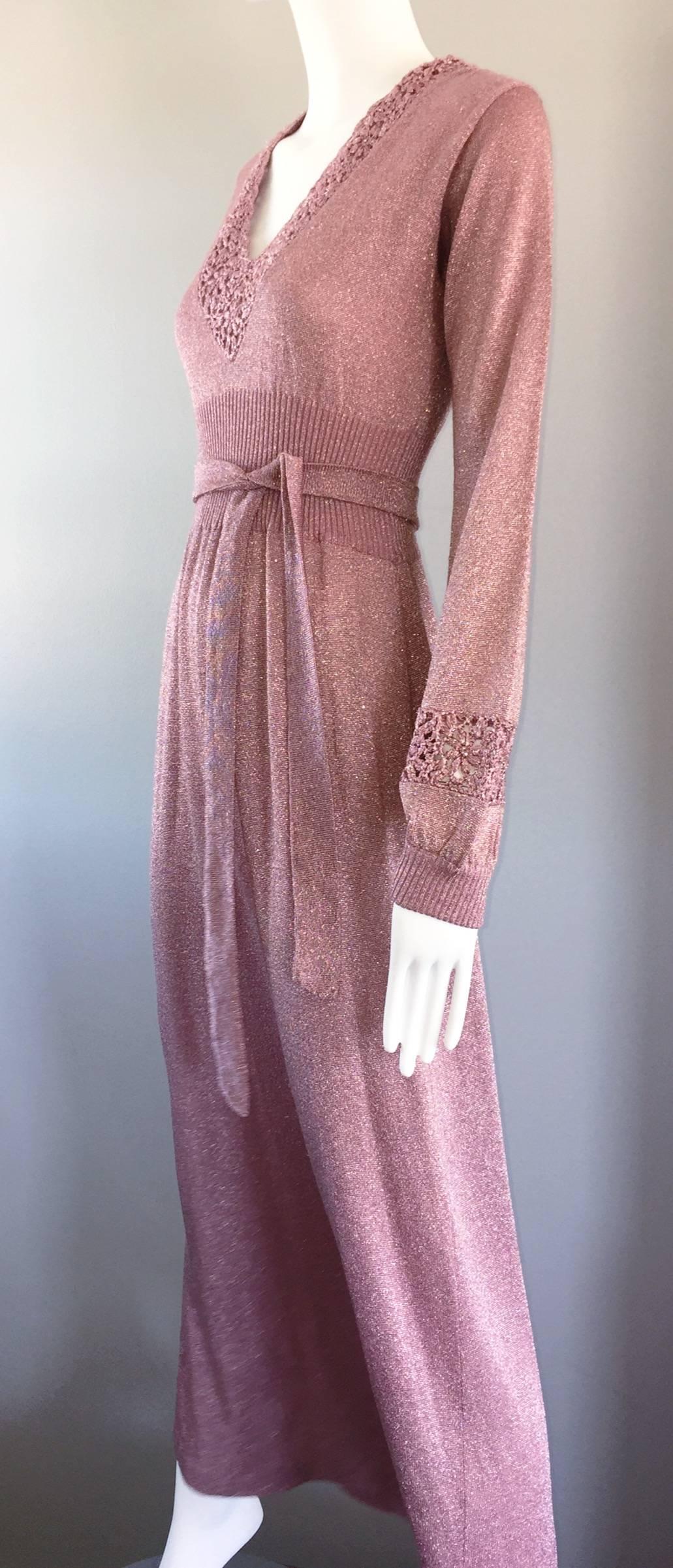 Beautiful 1970s Pink Lurex Jersey Crochet Long Sleeve Belted Vintage Maxi Dress 2