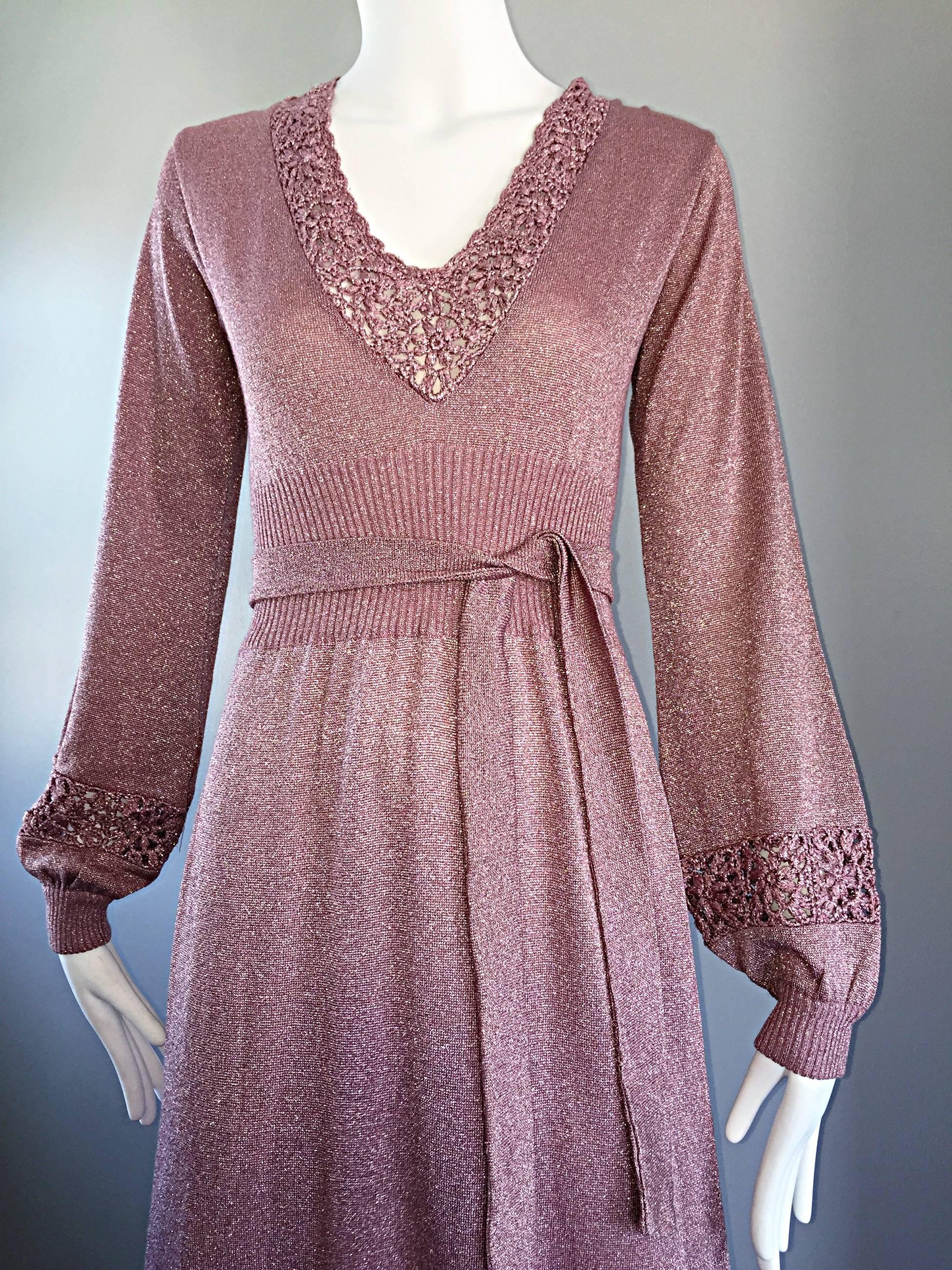 Beautiful 1970s Pink Lurex Jersey Crochet Long Sleeve Belted Vintage Maxi Dress 3