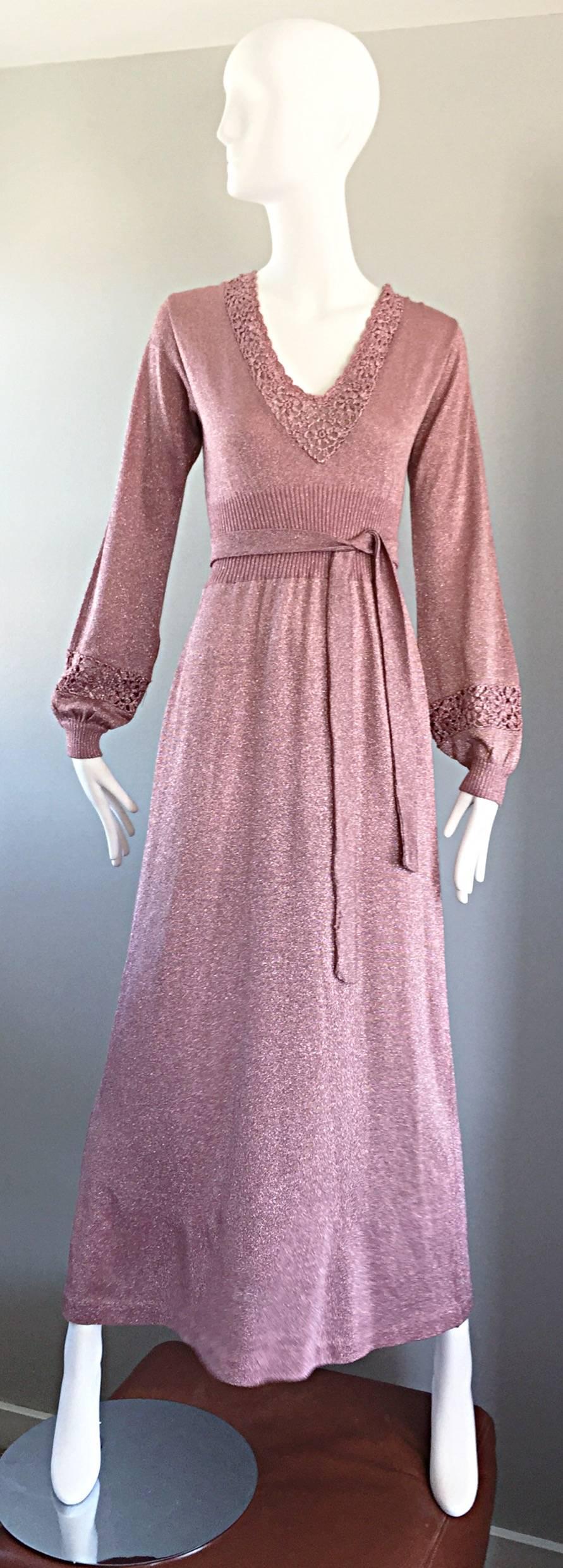 Beautiful 1970s Pink Lurex Jersey Crochet Long Sleeve Belted Vintage Maxi Dress 5
