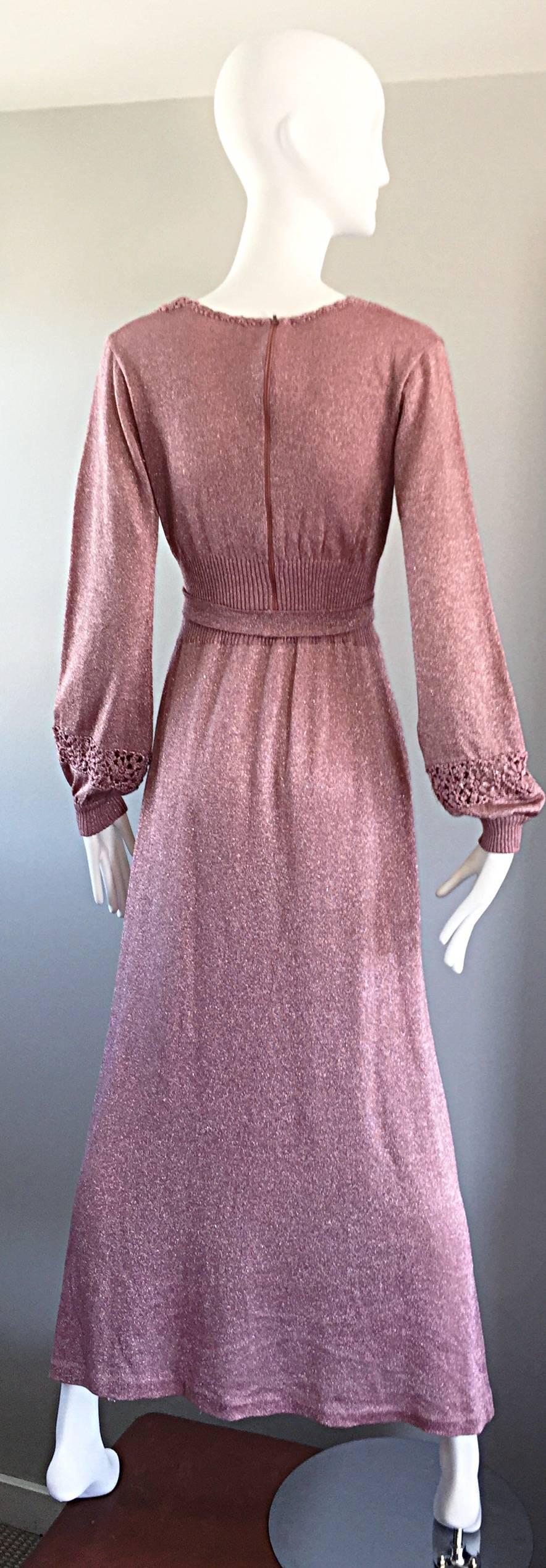 Beautiful 1970s Pink Lurex Jersey Crochet Long Sleeve Belted Vintage Maxi Dress 4