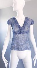 Vintage Oscar de la Renta Blue 'Sequin' Print Semi Sheer 90s Ruffle Blouse Top