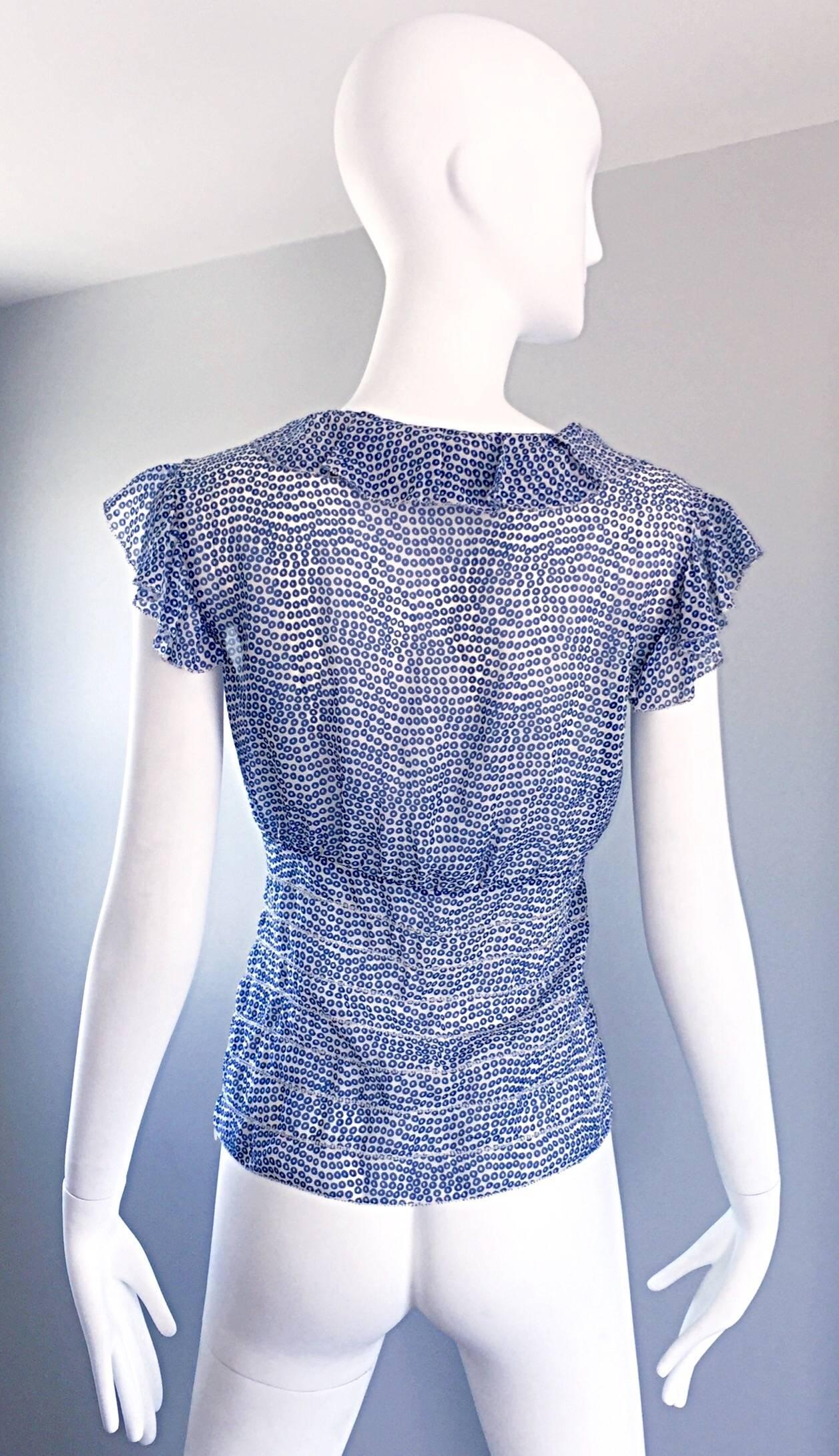 Vintage Oscar de la Renta Blue 'Sequin' Print Semi Sheer 90s Ruffle Blouse Top In Excellent Condition For Sale In San Diego, CA