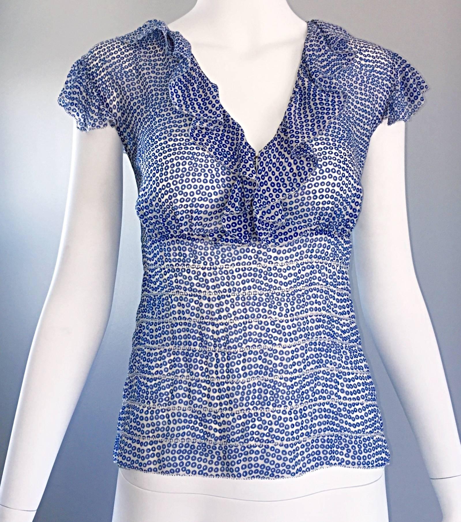 Vintage Oscar de la Renta Blue 'Sequin' Print Semi Sheer 90s Ruffle Blouse Top For Sale 3