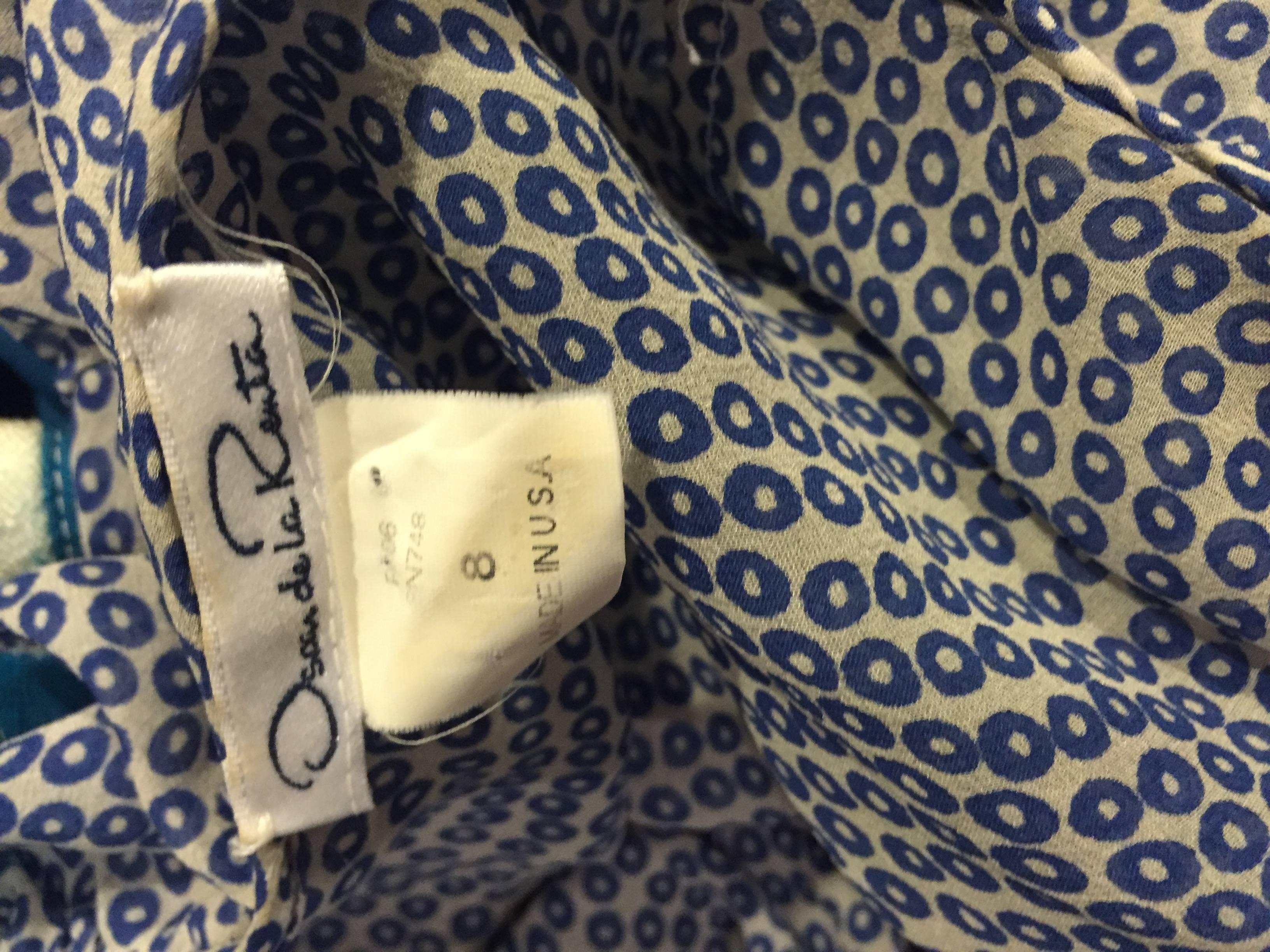Vintage Oscar de la Renta Blue 'Sequin' Print Semi Sheer 90s Ruffle Blouse Top For Sale 4