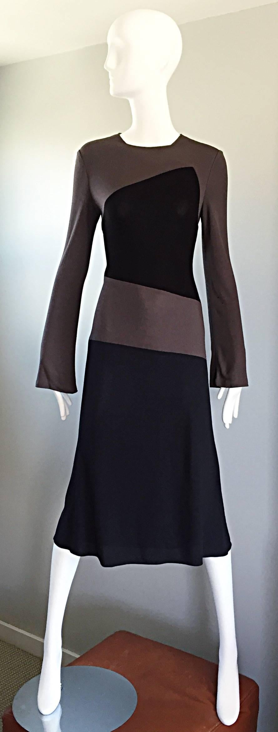 Vintage Calvin Klein Collection Black And Taupe Grey Color Block 1990s 90s Dress 1